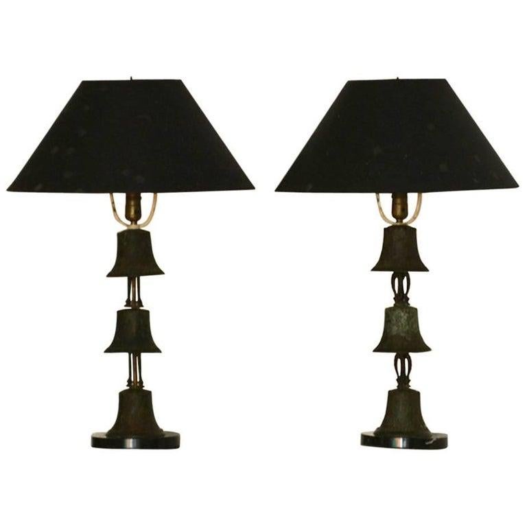 Mexican 1940s Bronze Mejico Bell Table Lamps Marble Base Guadalajara For Sale