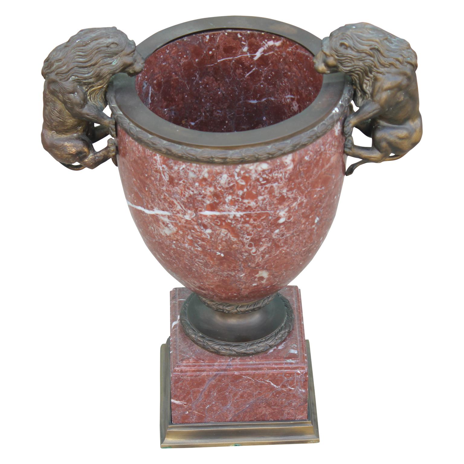 Wonderful Regency bronze lion Verde Antico jardinière in red marble urn. Absolutely lovely.