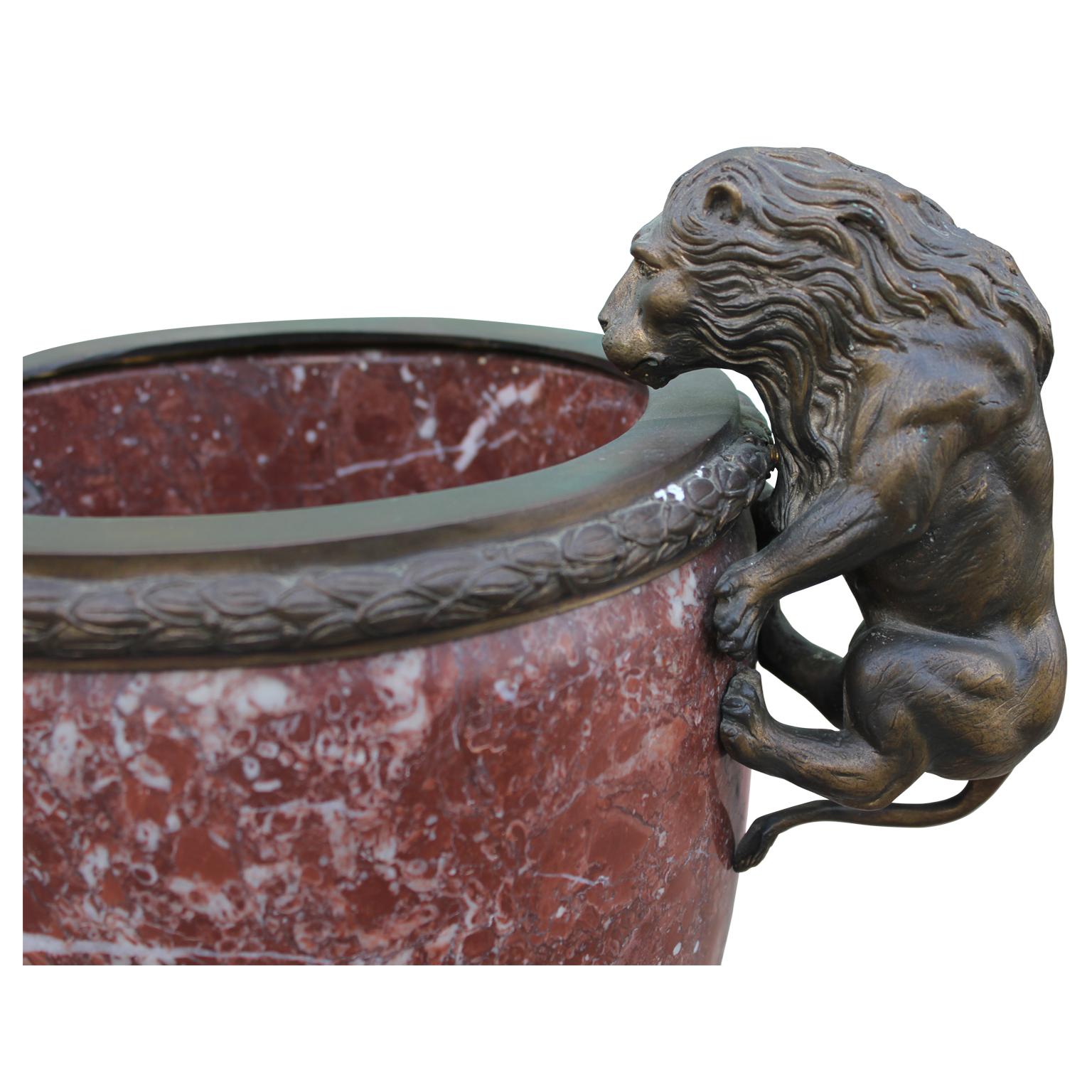 20th Century Regency Bronze Lion Verde Antico Jardinière in Red Marble Urn