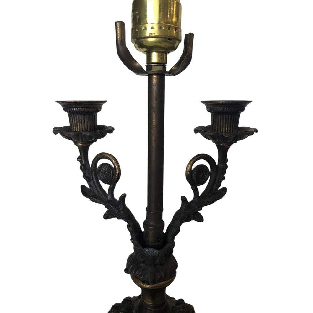 American Neo-Classic Bronze Patina Cherub Candelabra Table Lamp For Sale