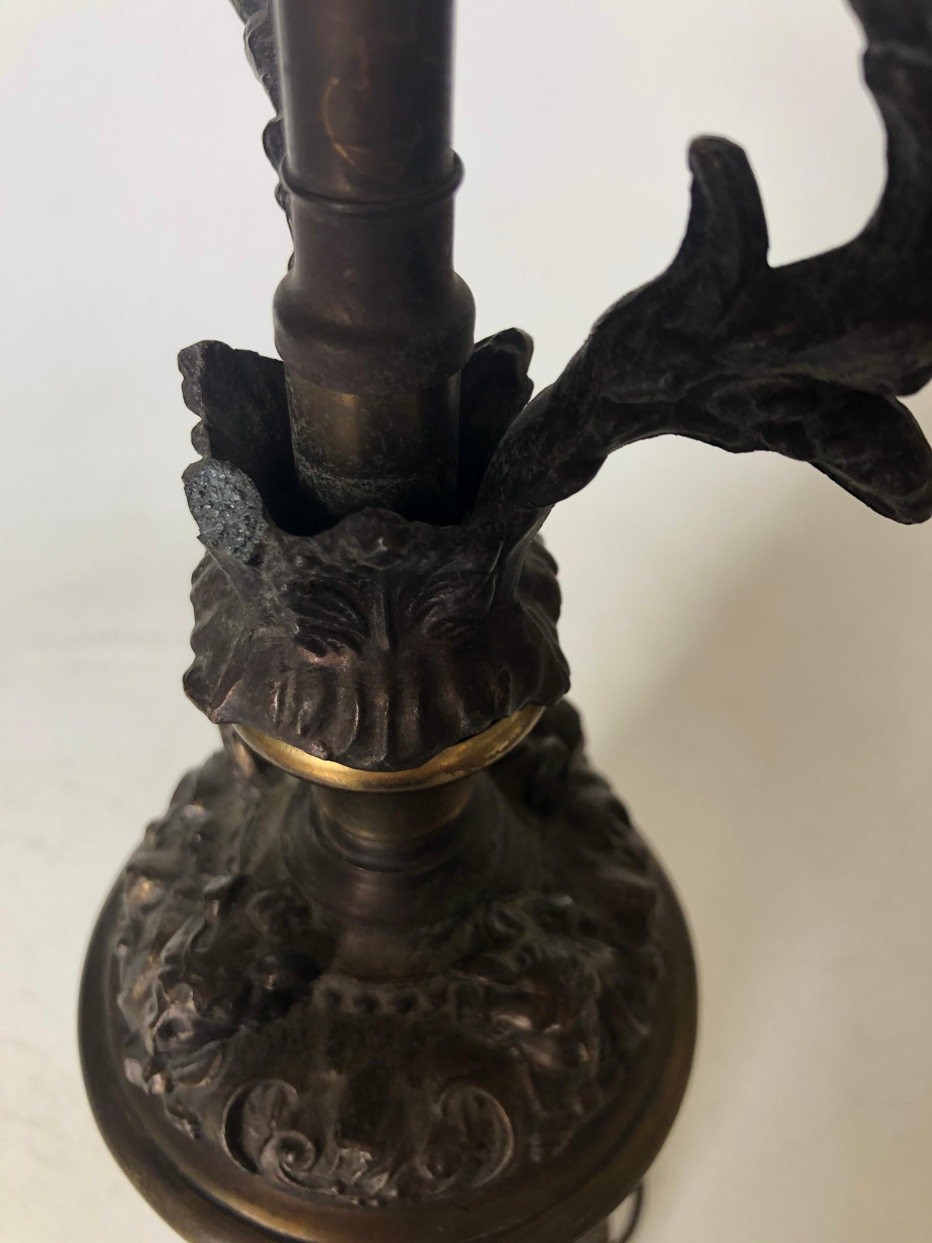 Regency Bronze Patina Cherub Candelabra Table Lamp For Sale 3