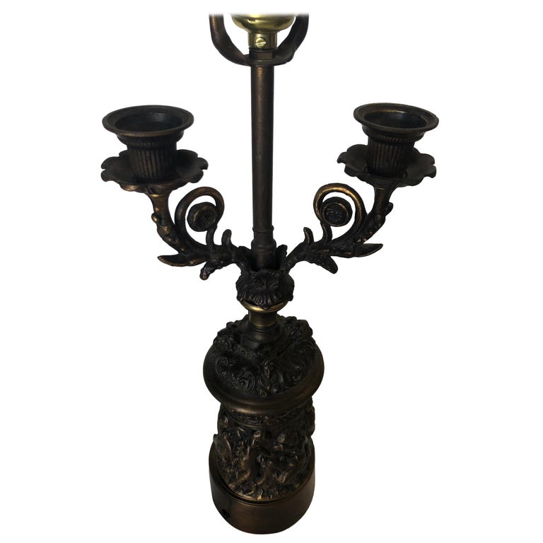 Regency Bronze Patina Cherub Candelabra Table Lamp For Sale at 1stDibs