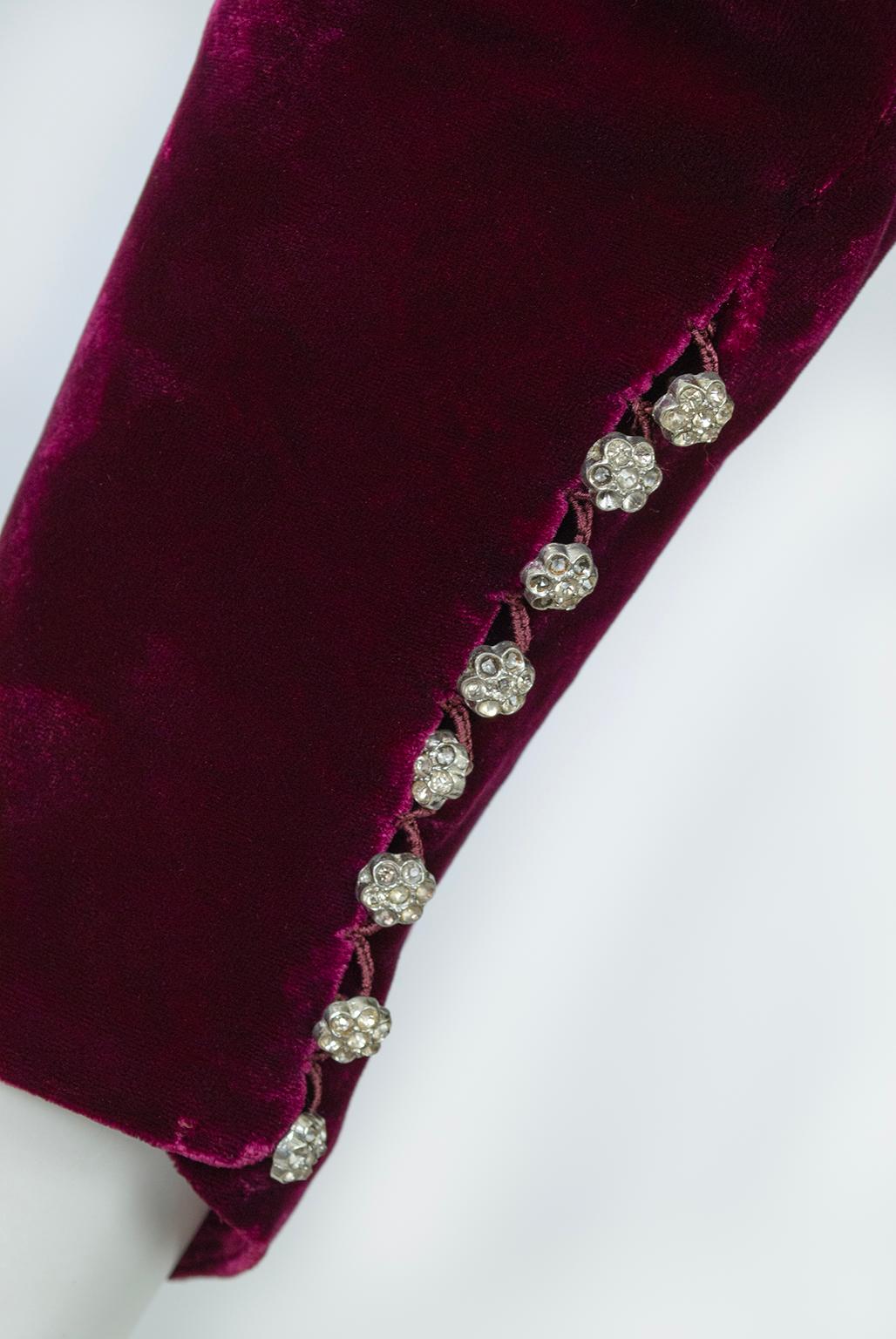 Regency Burgundy Silk Velvet Jeweled Cutout Back Bias Gown with Train – L, 1930s For Sale 9