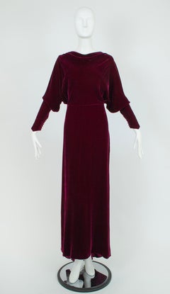 Regency Burgundy Silk Velvet Jeweled Cutout Back Bias Gown with Train – L, 1930s