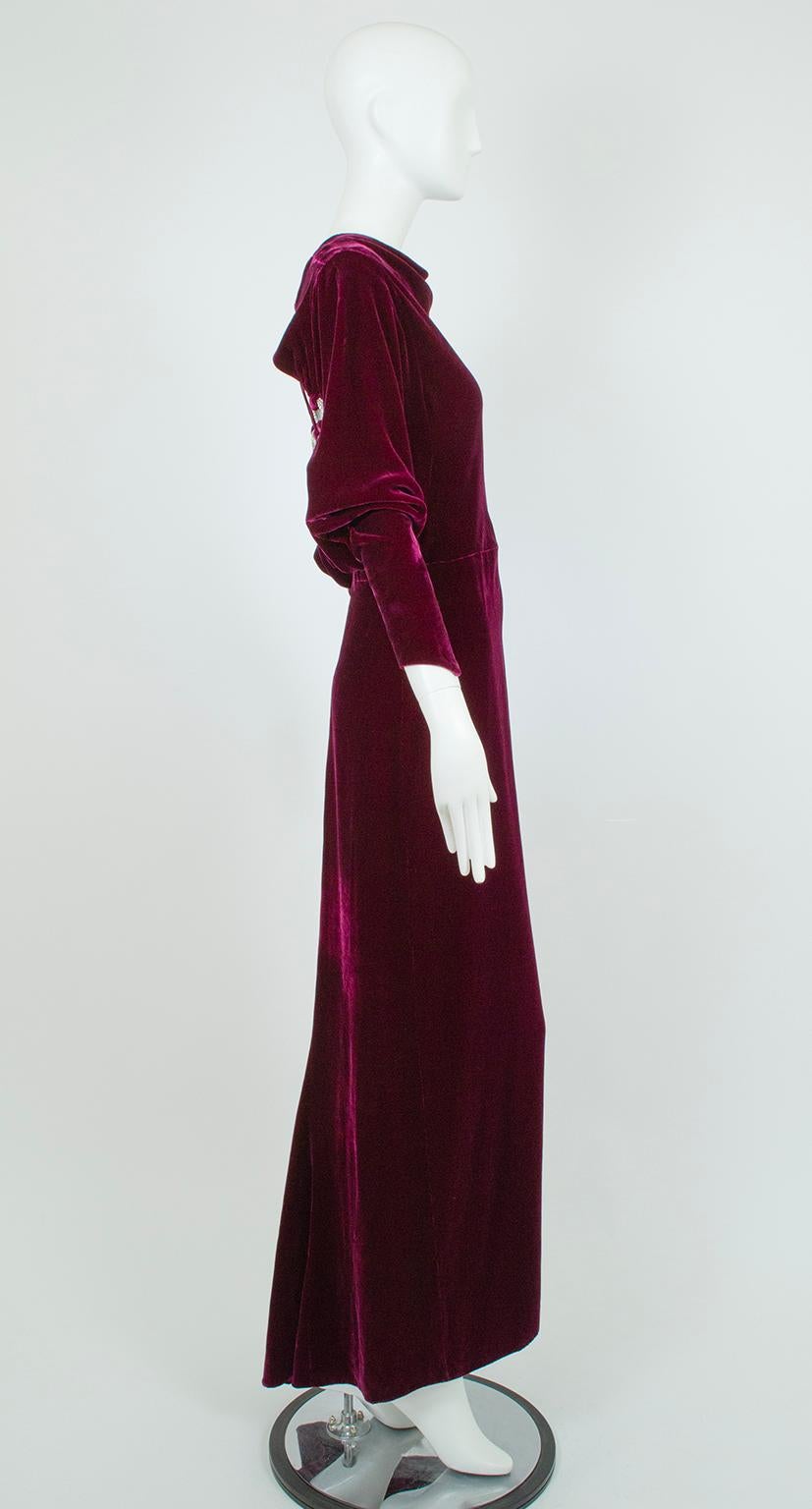 Regency Burgundy Silk Velvet Jeweled Cutout Back Bias Gown with Train – L, 1930s In Good Condition For Sale In Tucson, AZ