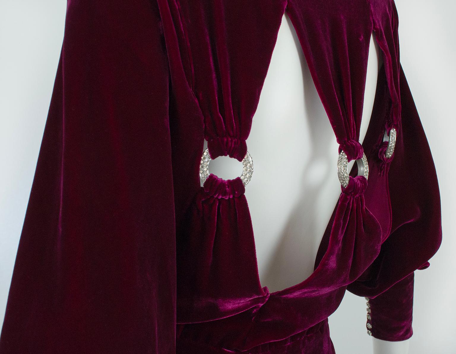 Regency Burgundy Silk Velvet Jeweled Cutout Back Bias Gown with Train – M, 1930s For Sale 5