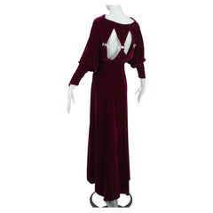 Regency Burgundy Silk Velvet Jeweled Cutout Back Bias Gown with Train - M, 1930s