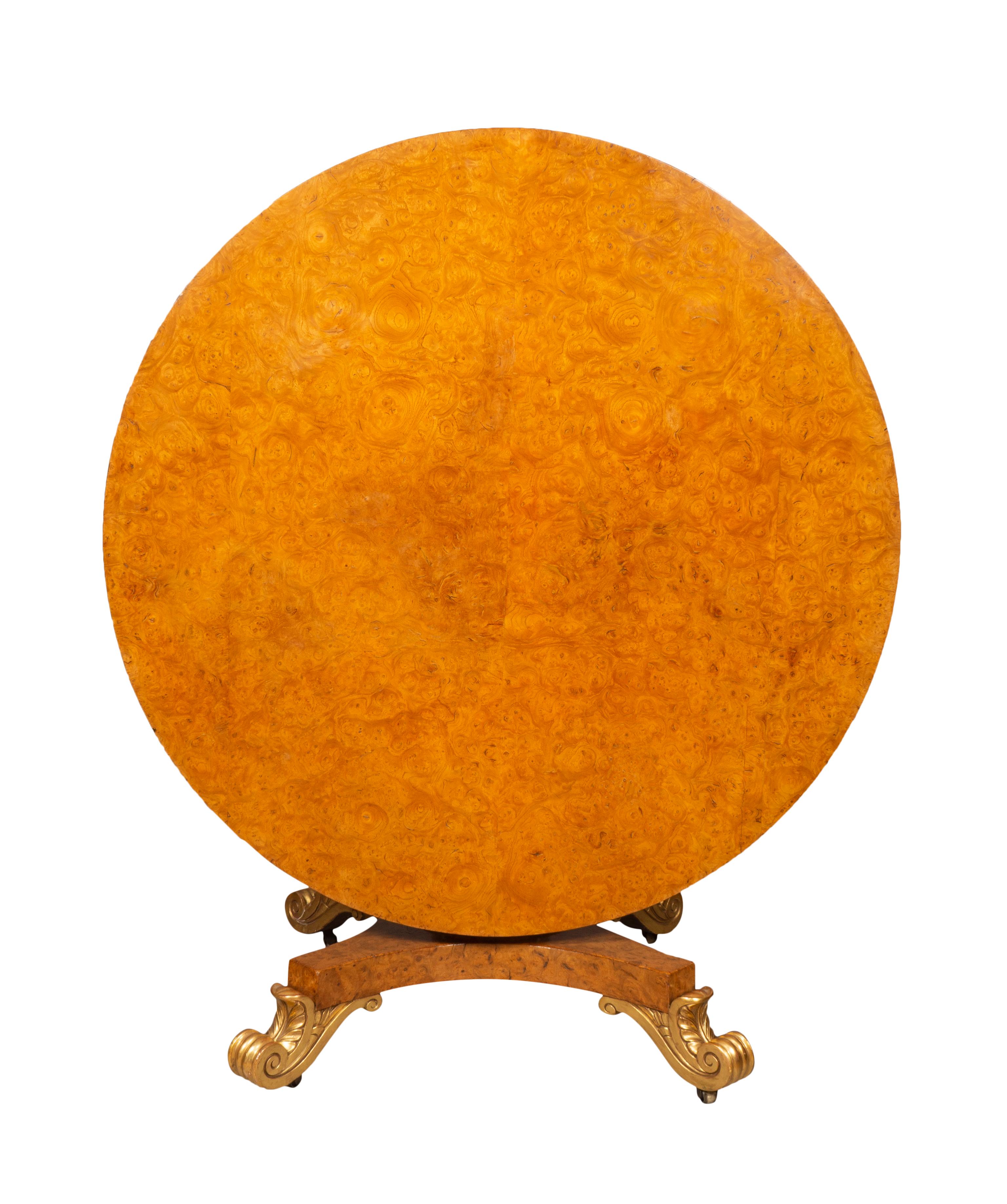 Orme Table centrale Regency en loupe d'orme et bois doré en vente
