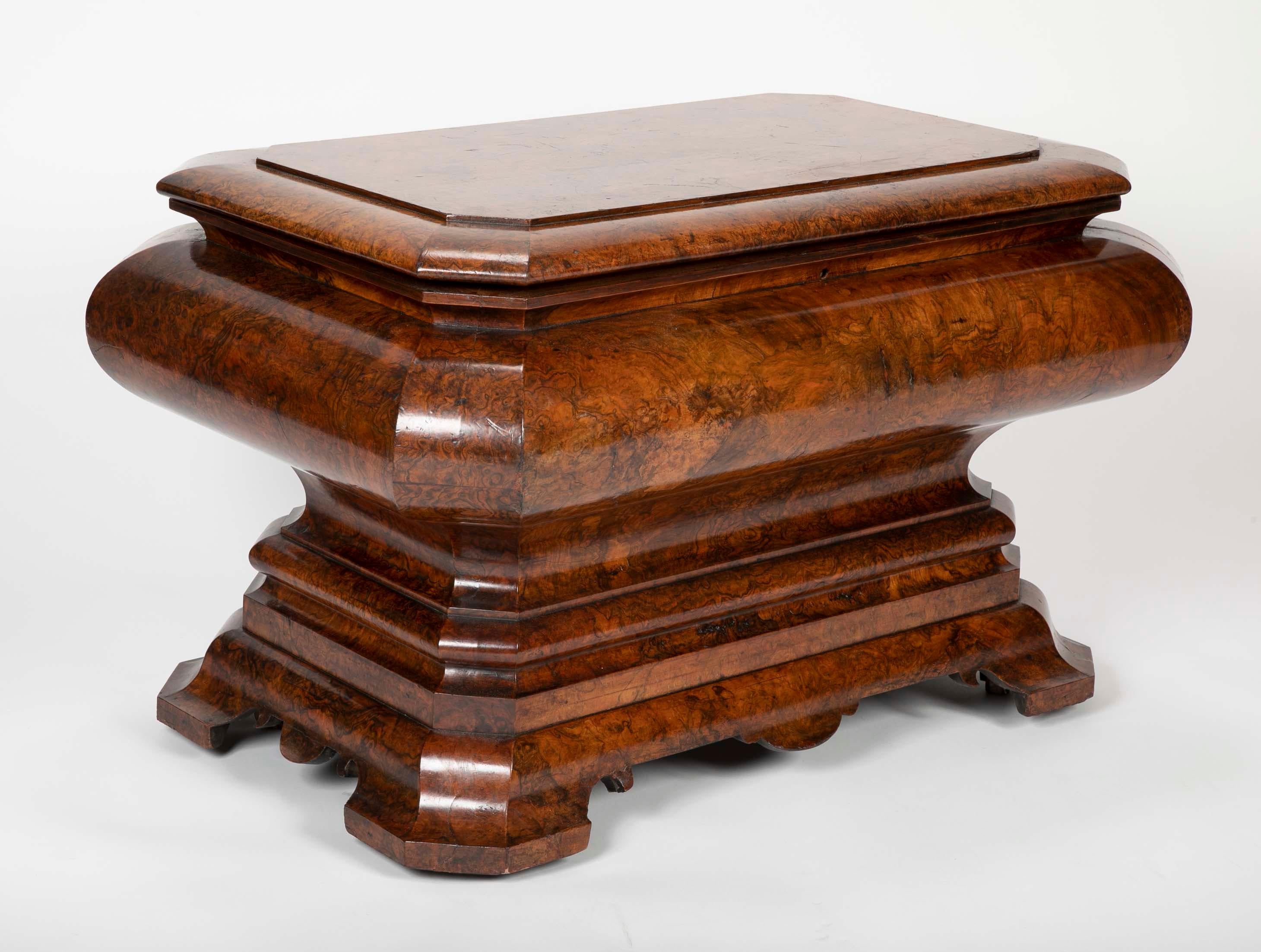 Exceptional English, or possibly Scottish, burl walnut cellarette. The unique form with stunning burl veneer make for a rare and singular piece of furniture. The unusual scale and beauty will be the highlight of any room, used as a very distinctive