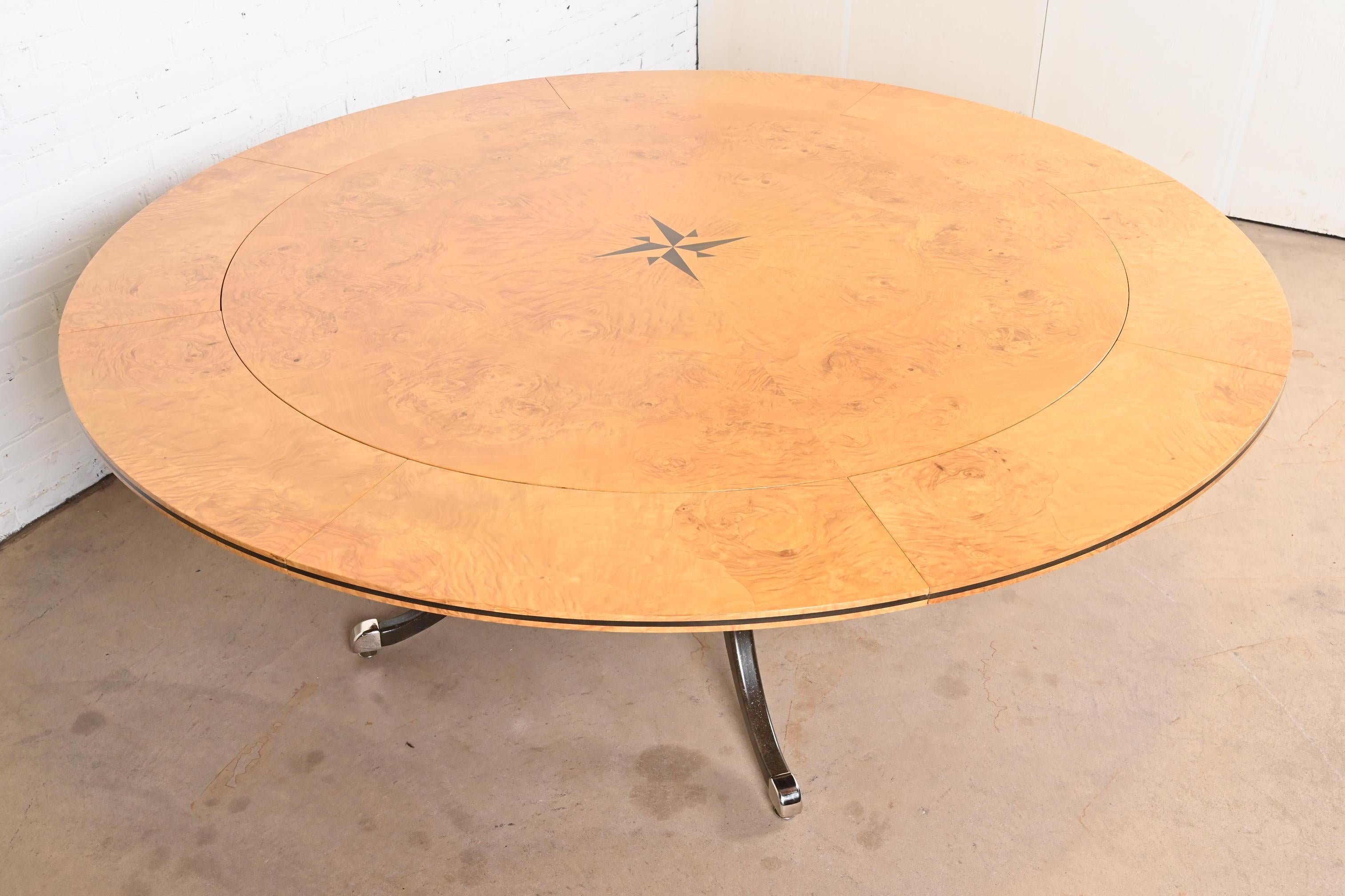 Regency Burl Wood Inlaid Round Pedestal Extension Dining Table, Newly Refinished 5