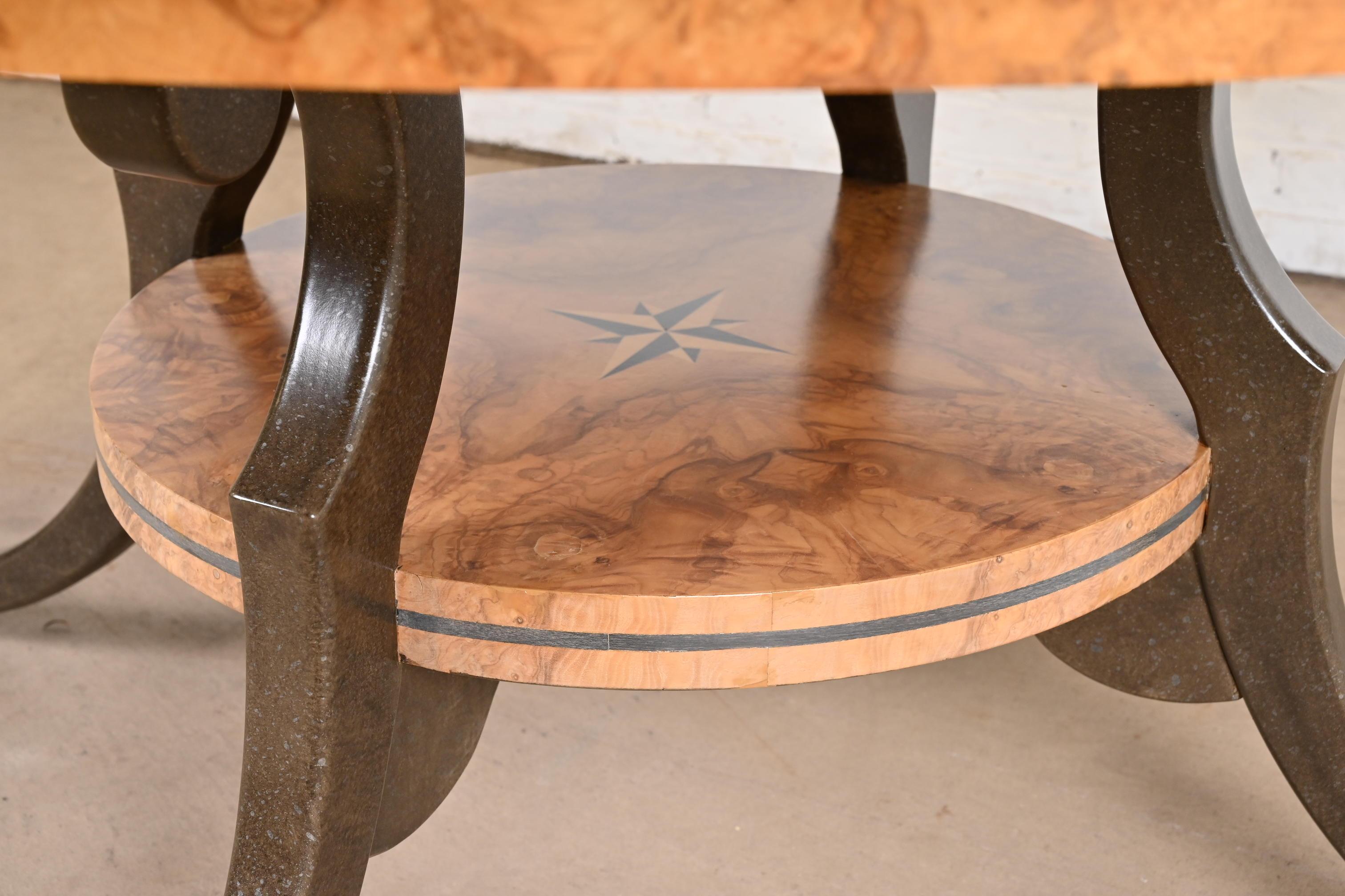 Regency Burl Wood Inlaid Round Pedestal Extension Dining Table, Newly Refinished For Sale 11