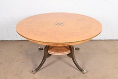 Regency Burl Wood Inlaid Round Pedestal Extension Dining Table, Newly Refinished