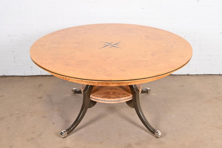 Regency Burl Wood Inlaid Round Pedestal Extension Dining Table, Newly Refinished For Sale at 1stDibs