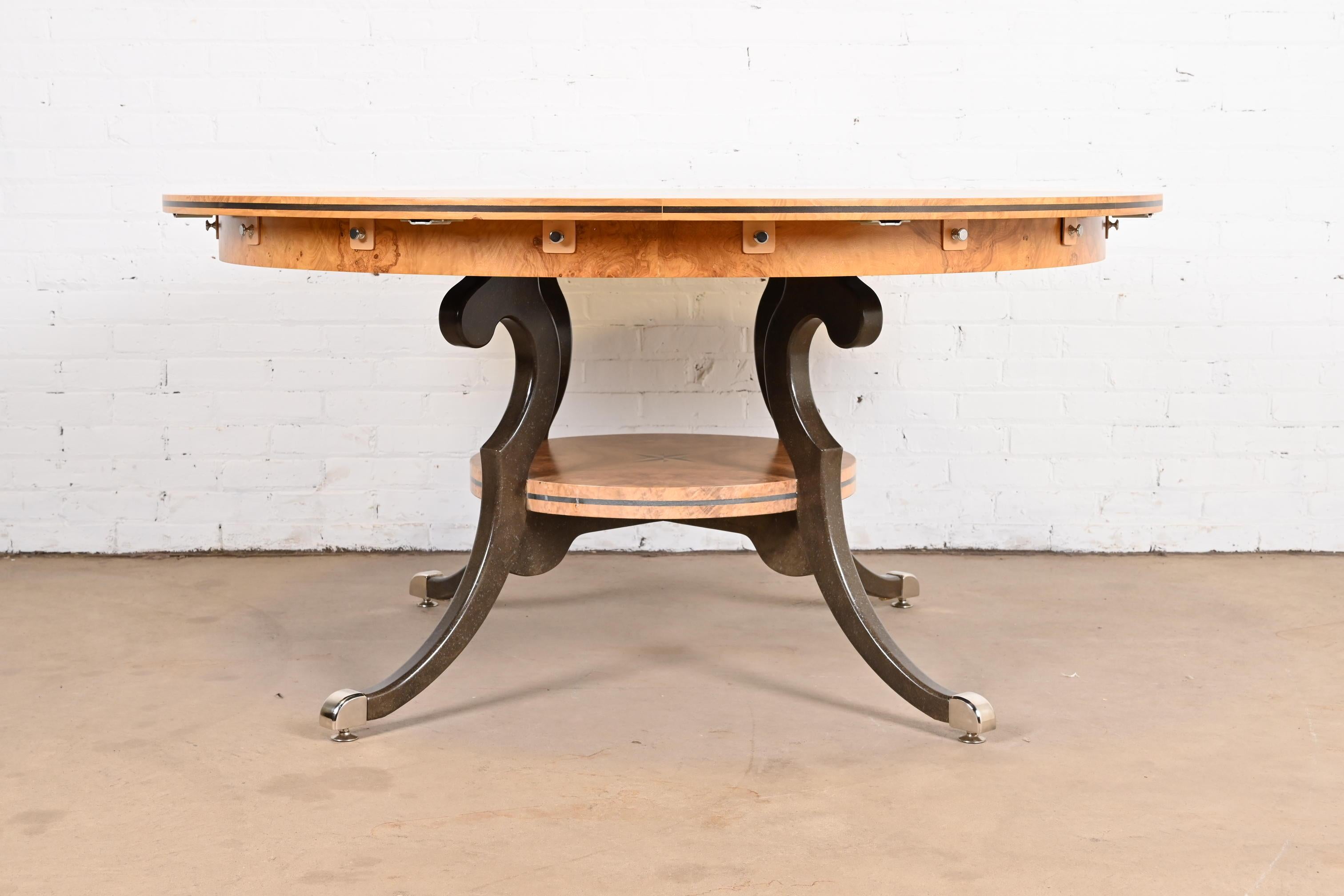 20th Century Regency Burl Wood Inlaid Round Pedestal Extension Dining Table, Newly Refinished