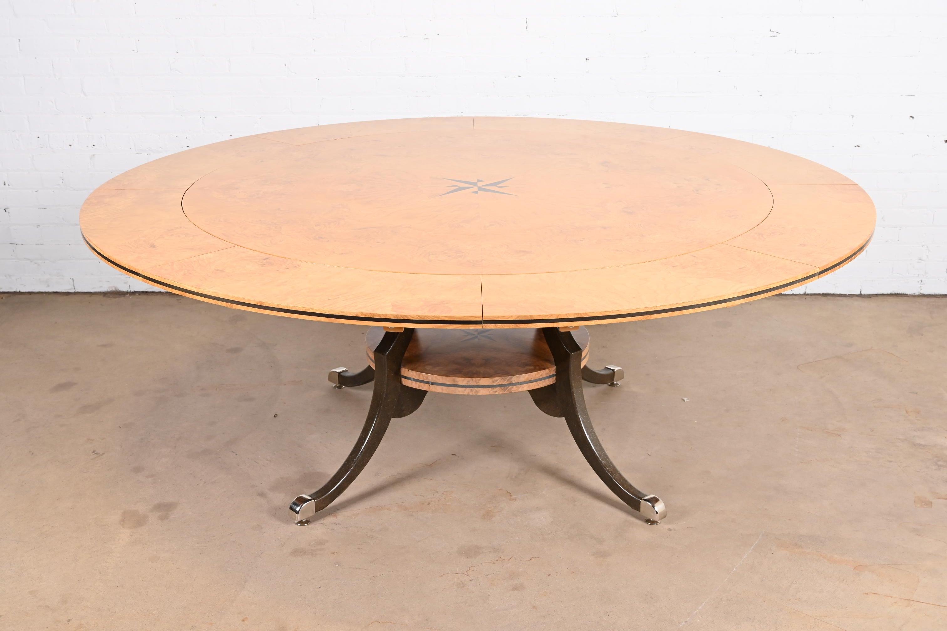 Regency Burl Wood Inlaid Round Pedestal Extension Dining Table, Newly Refinished For Sale 2