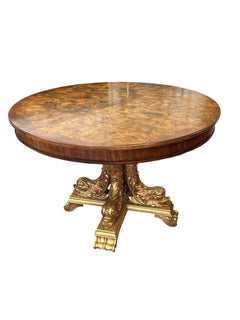 Regency Burled Fruitwood Pedestal Center Table With Gilded Dolphin Base