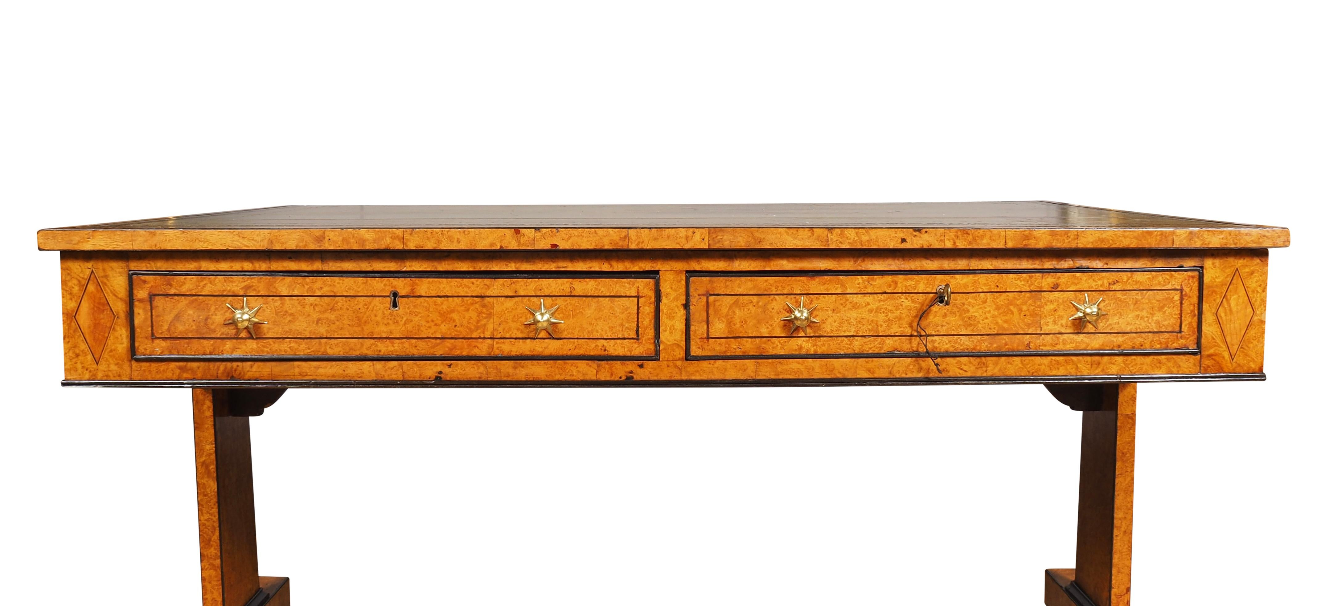 Brass Regency Burr Elm and Ebonized Writing Table For Sale