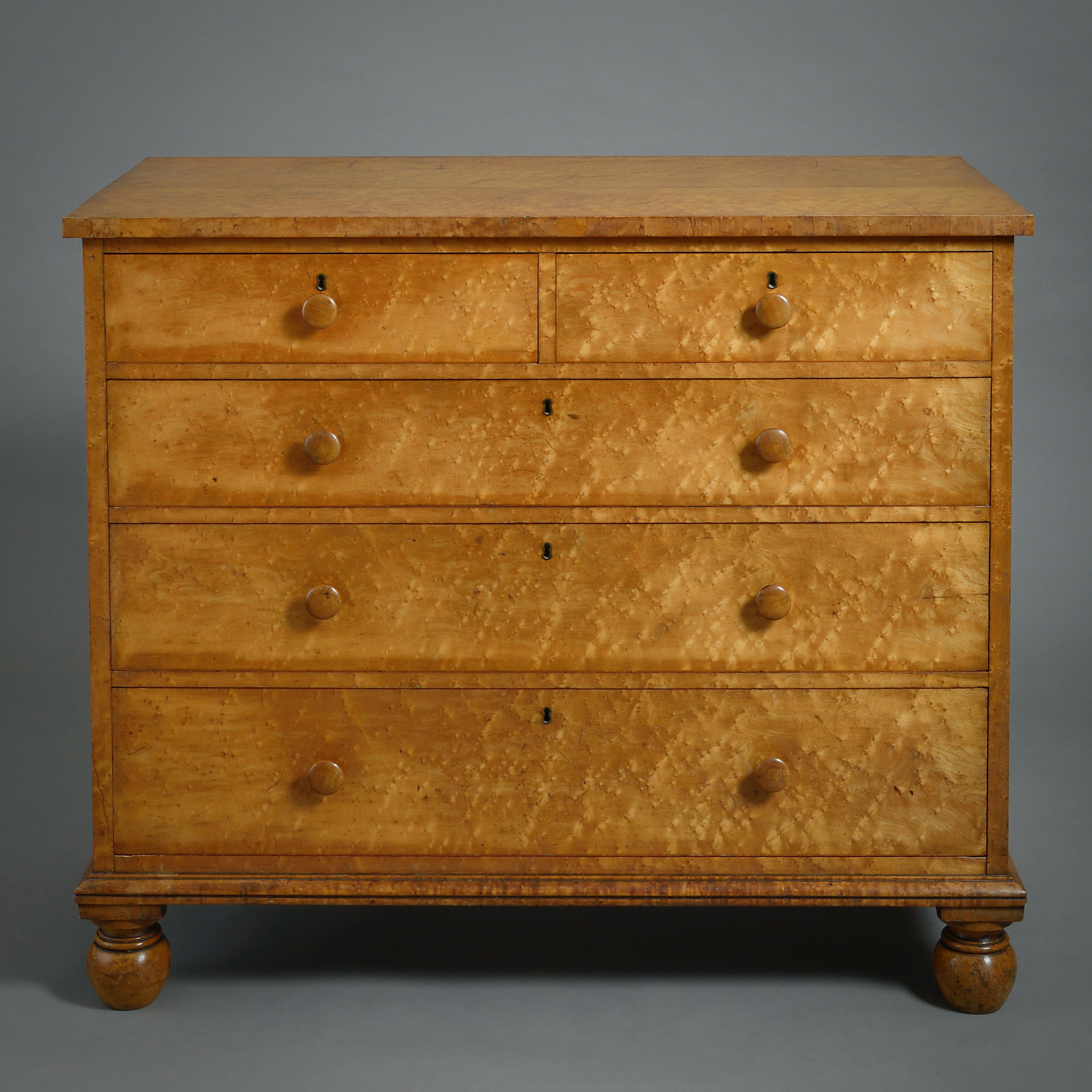 A FINE REGENCY BURR-MAPLE CHEST OF DRAWERS BY GILLOWS, CIRCA 1820.

With five mahogany-lined drawers. Original handles and locks.