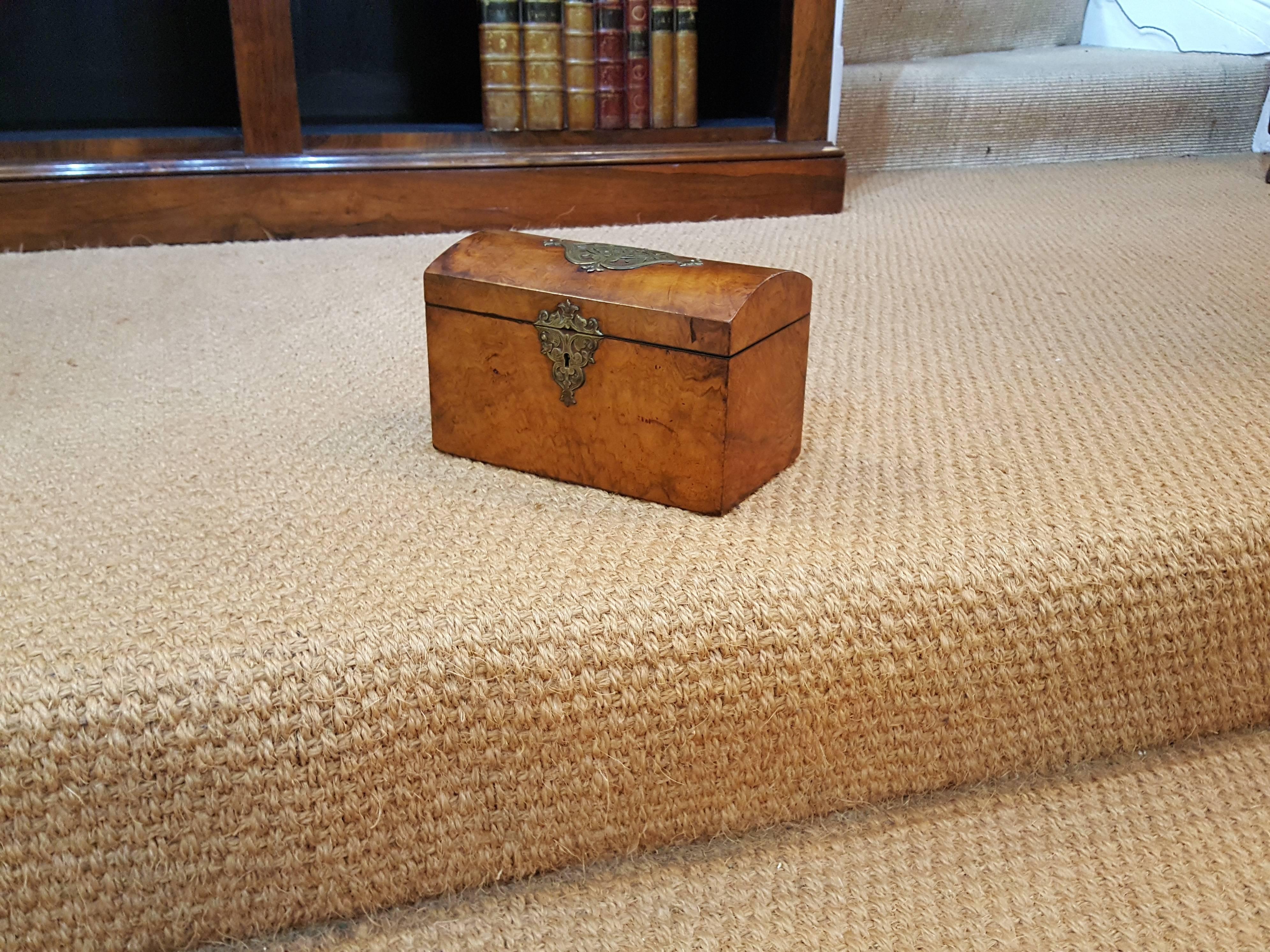 Regency burr yew tea caddy with brass decoration and lined compartments. Pearce of Corn bill Street, London. Measures: 9