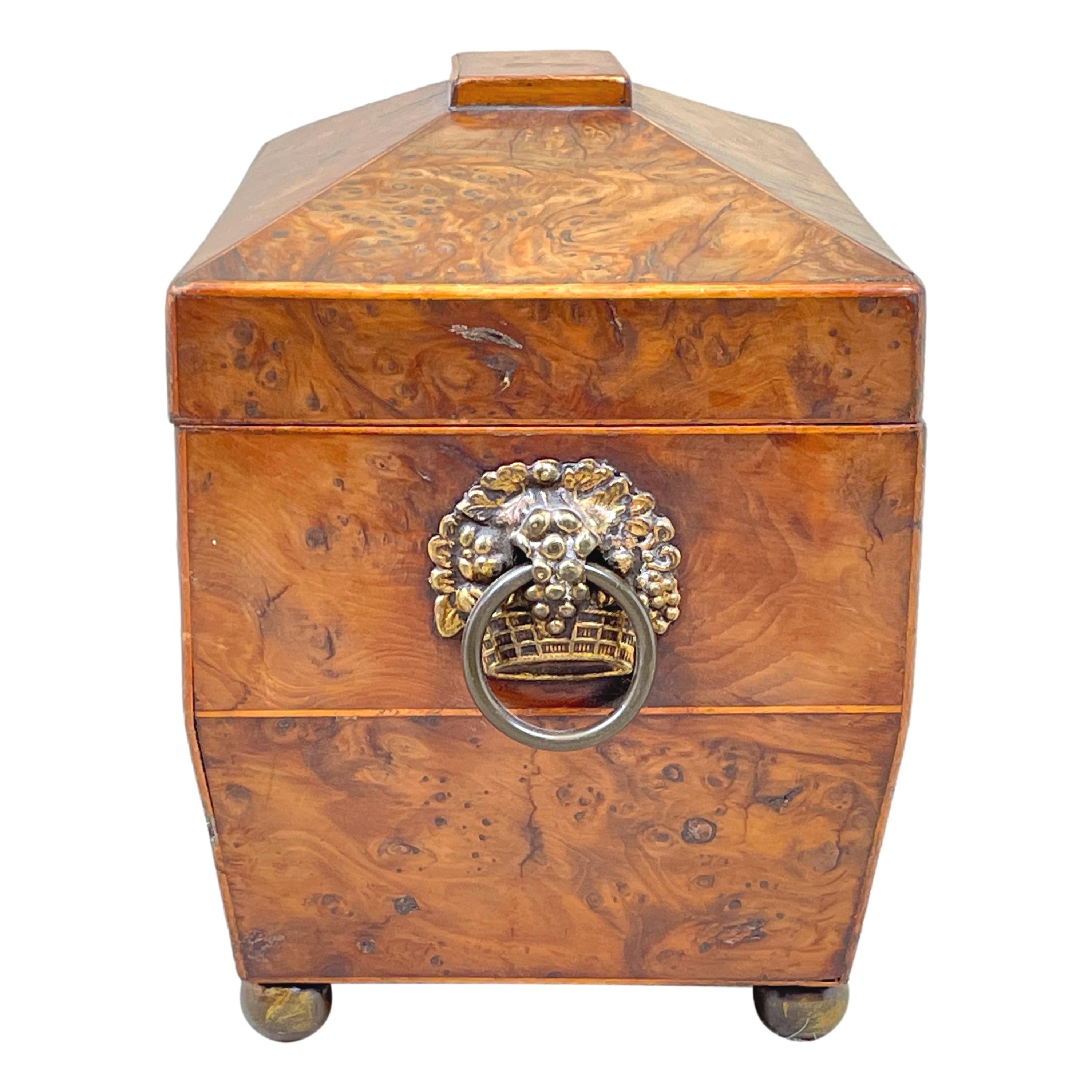 A Delightful Early 19th Century, Regency Period, Burr Yew Wood Tea Caddy Of Sarcophagus Form Having Boxwood Strung Decoration, Original Ormolu Handles To Sides And Hinged Top Enclosing Double Lidded Interior Raised On Brass Ball Feet.


This