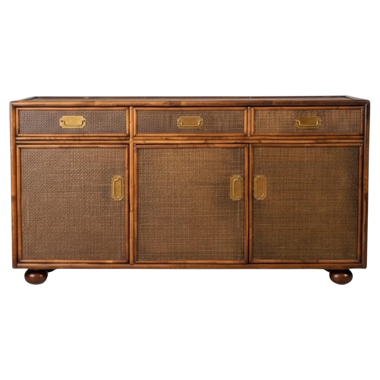 Regency 
Campaign Style Faux Bamboo Grasscloth Wrapped Credenza / Cabinet For Sale