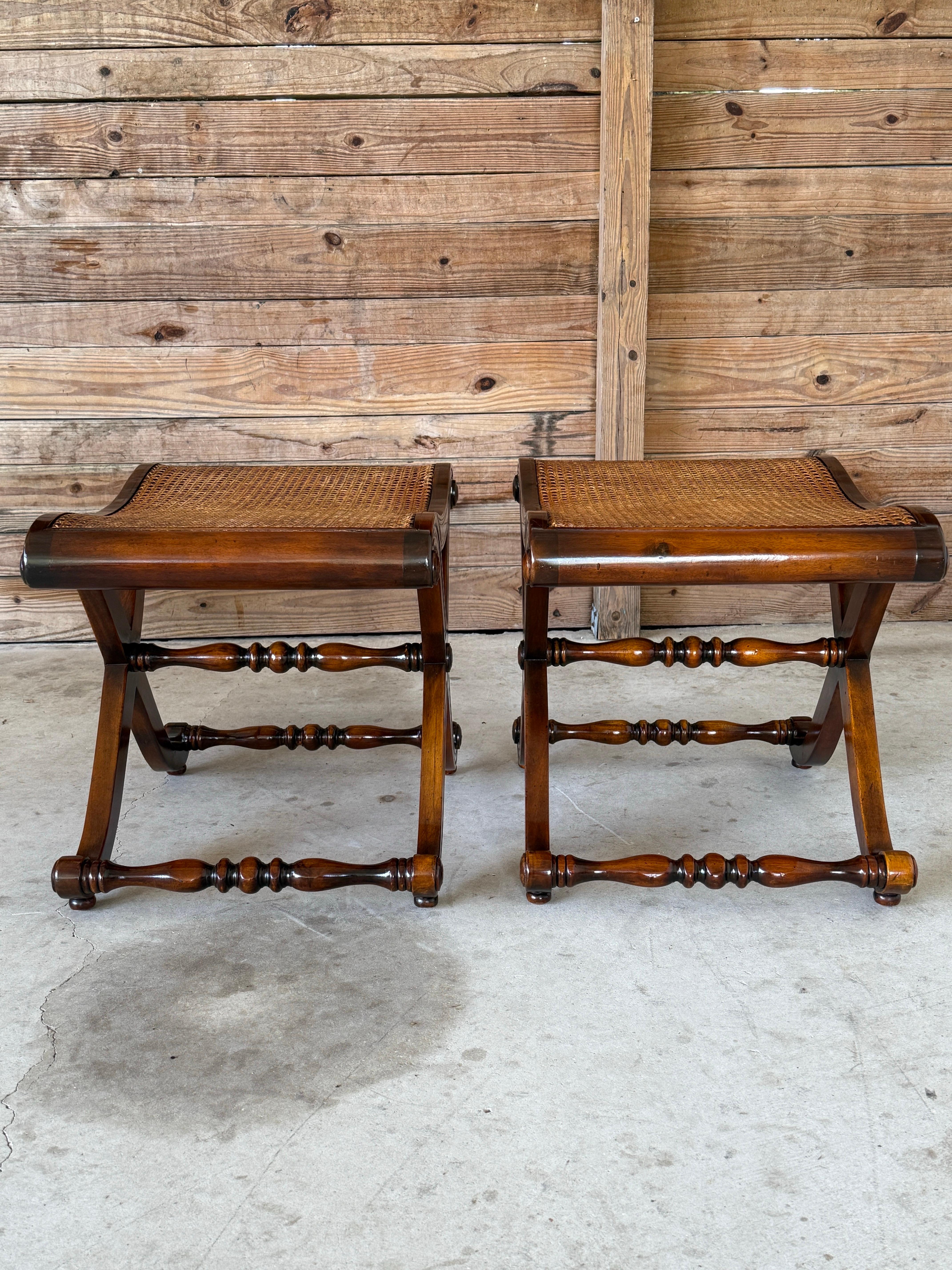 Hand-Crafted Regency Campaign-Style X-Base Cane Stools in the Manner of Gillows of Lancaster- For Sale