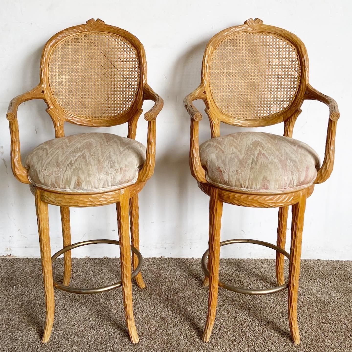 Wood Regency Cane Back Sculpted Swivel Counter Stools For Sale