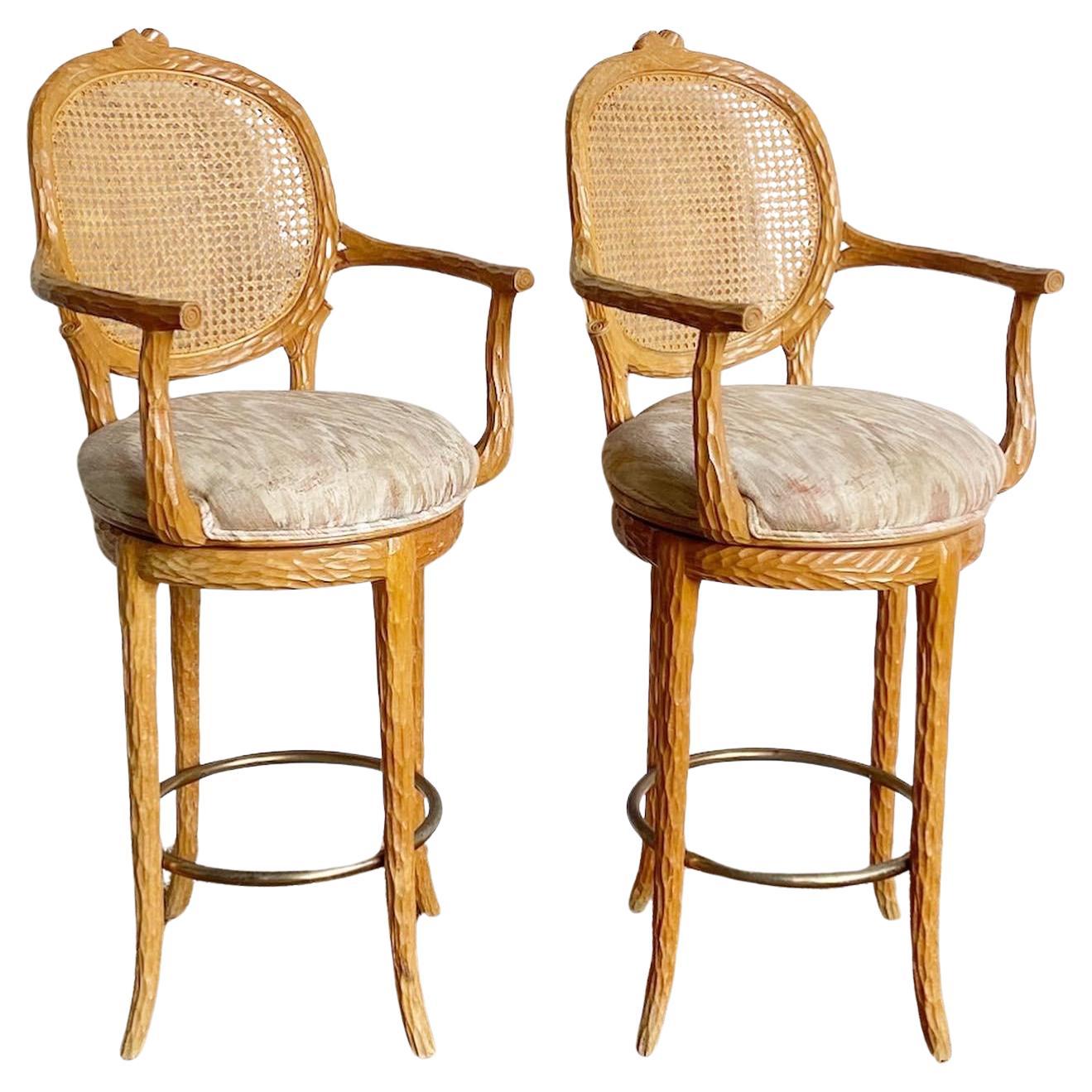 Regency Cane Back Sculpted Swivel Counter Stools For Sale