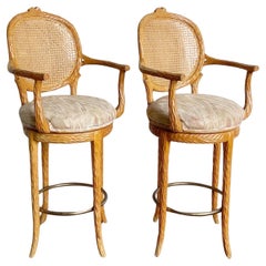 Vintage Regency Cane Back Sculpted Swivel Counter Stools