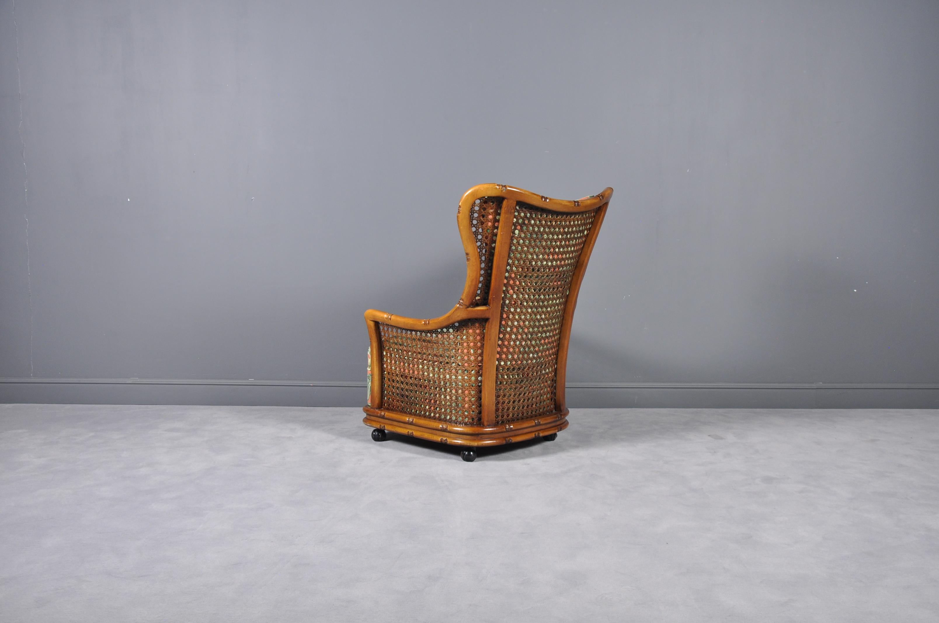 Mid-Century Modern Regency Caned Bamboo Armchair on Wheels, 1970s For Sale
