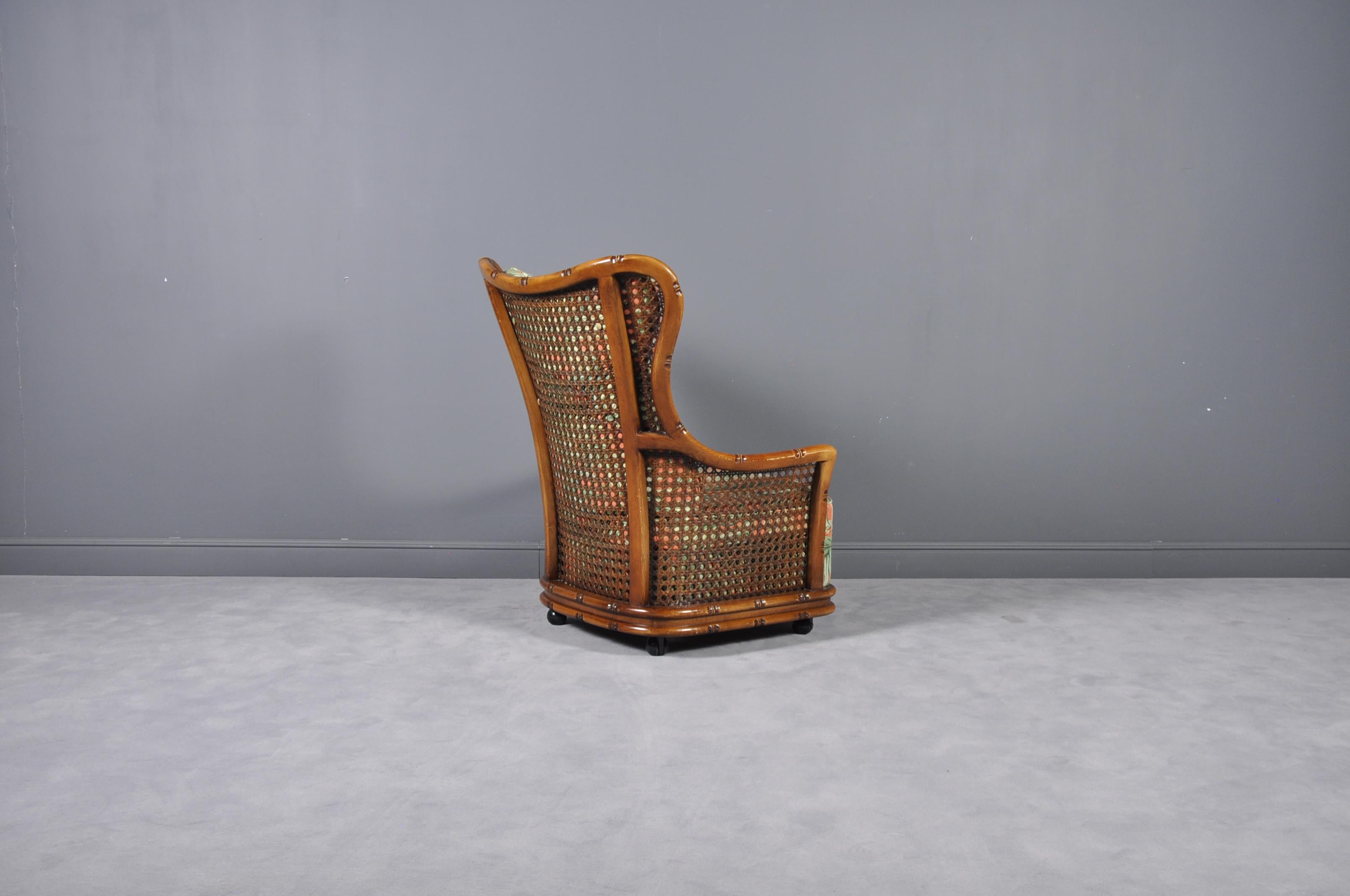 Regency Caned Bamboo Armchair on Wheels, 1970s In Excellent Condition For Sale In Bucharest, RO