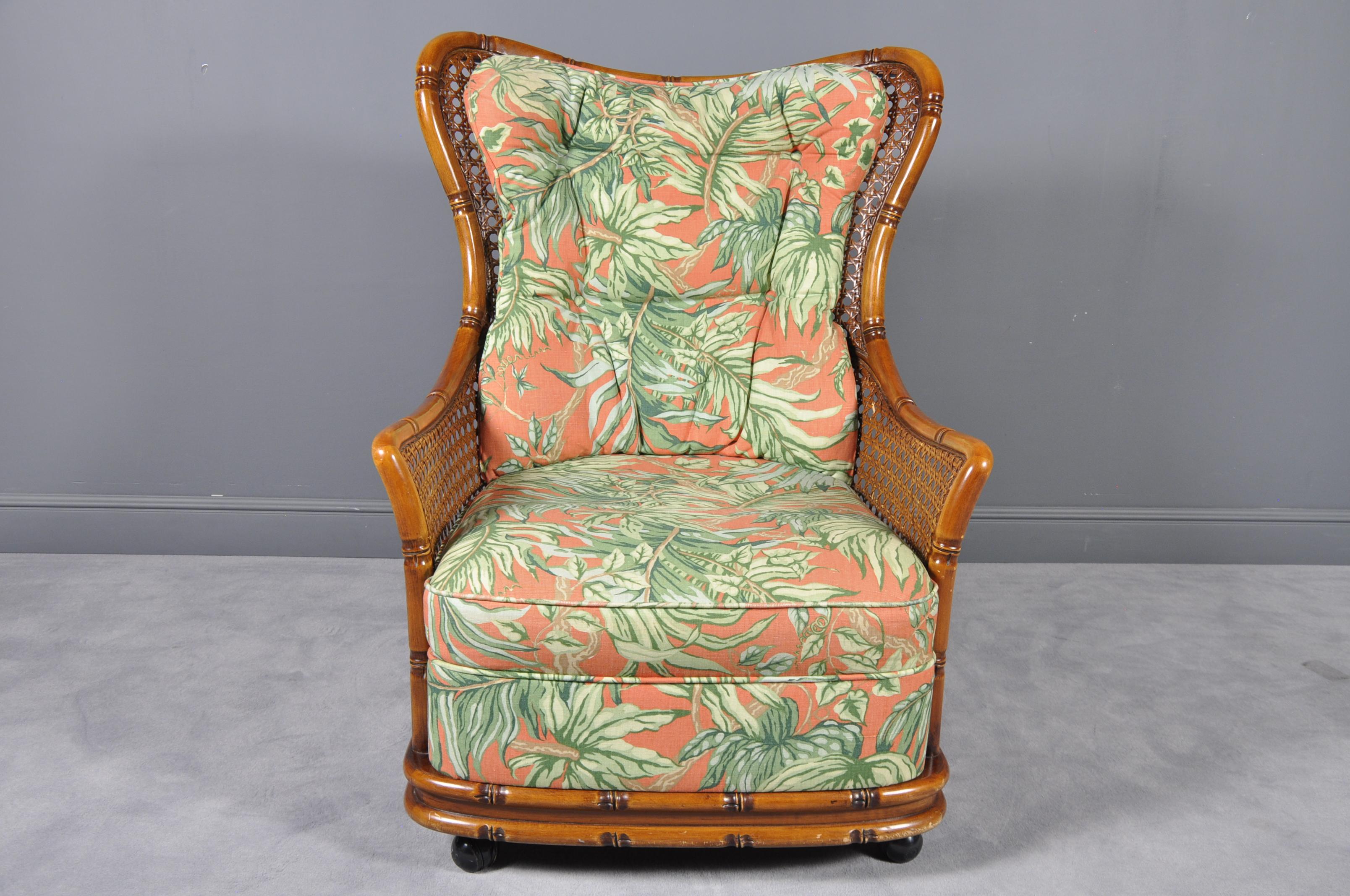 Regency Caned Bamboo Armchair on Wheels, 1970s For Sale 1