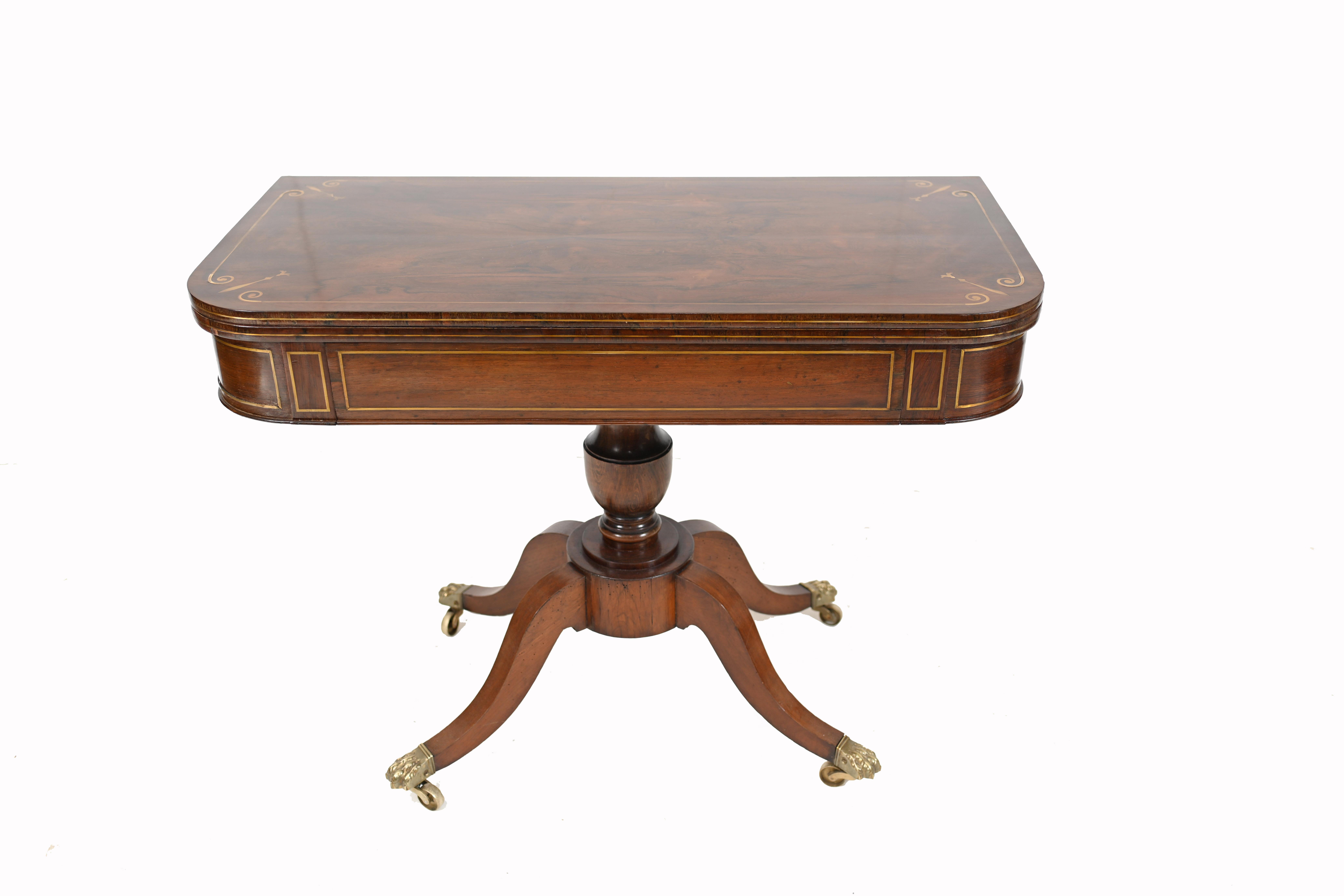 Classic period Regency card table in mahogany
Clean and minimal design with classical design authentically Regency
Circa 1820
Features brass inlay work
Top opens out to reveal green beize lined playing surface
Offered in great shape ready for