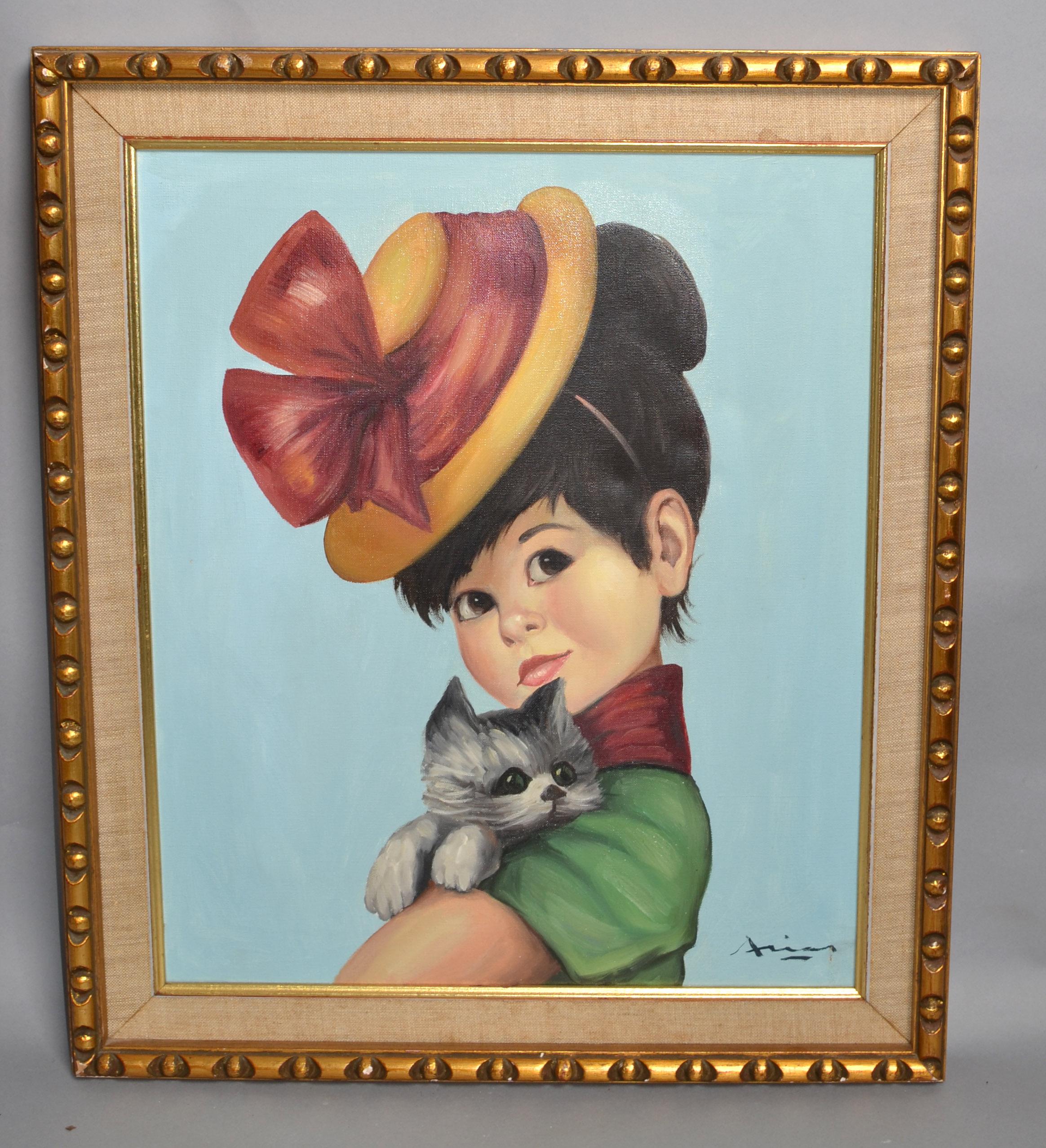 Peinture acrylique sur toile de style Régence avec cadre sculpté et doré, représentant une jeune fille espagnole et un chat gris  en vente 2