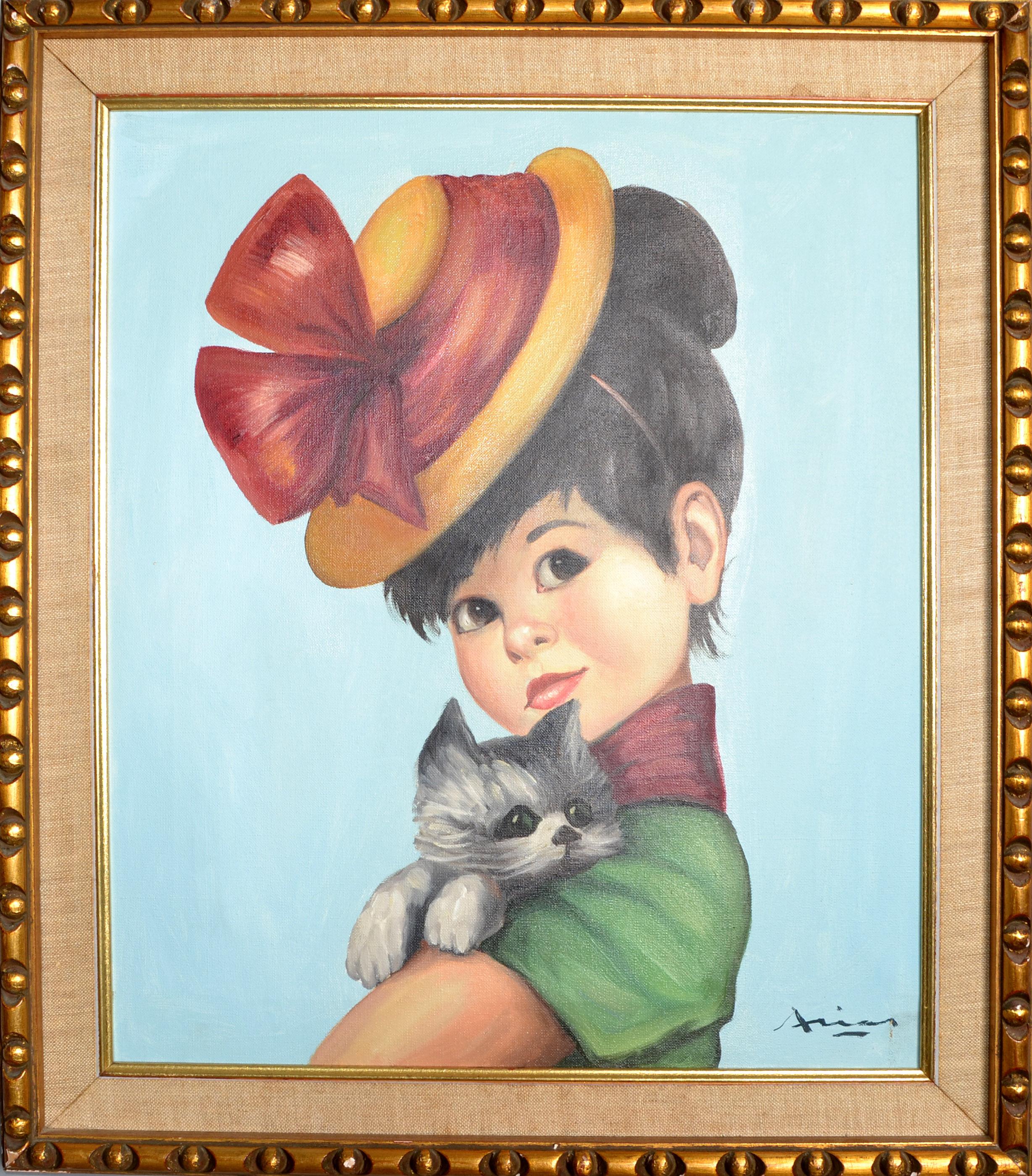 Geschnitztes vergoldetes gerahmtes spanisches Mädchen und graue Katze, Regency-Gemälde, Acryl auf Leinwand  im Angebot 10