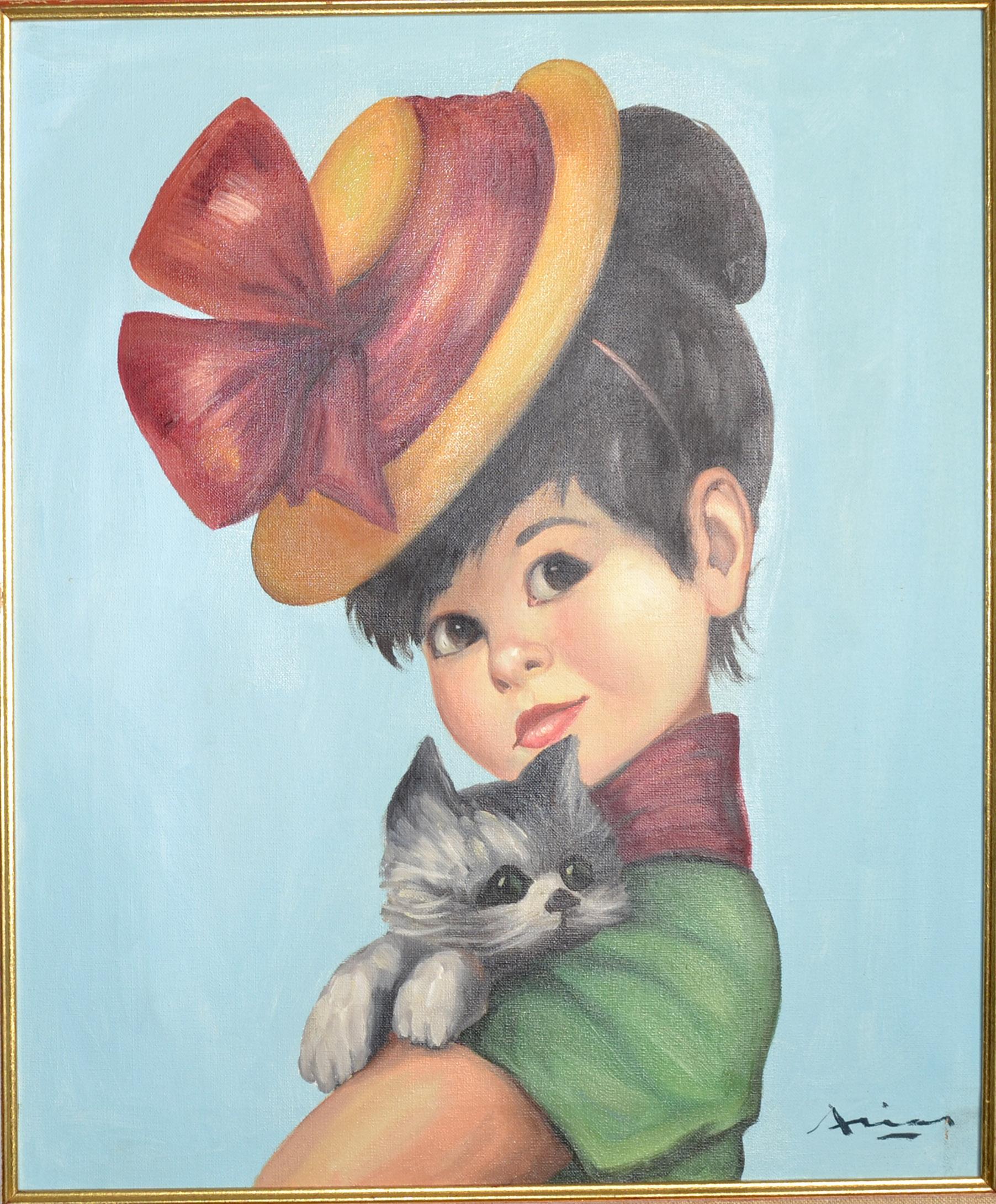Peinture acrylique figurative sur toile, signée et gravée à la main à la feuille d'or, de style Régence, représentant une Espagnole aux cheveux noirs portant un chapeau d'été, aux yeux noirs, tenant son chat gris.
Fabriqué en Espagne vers 1970