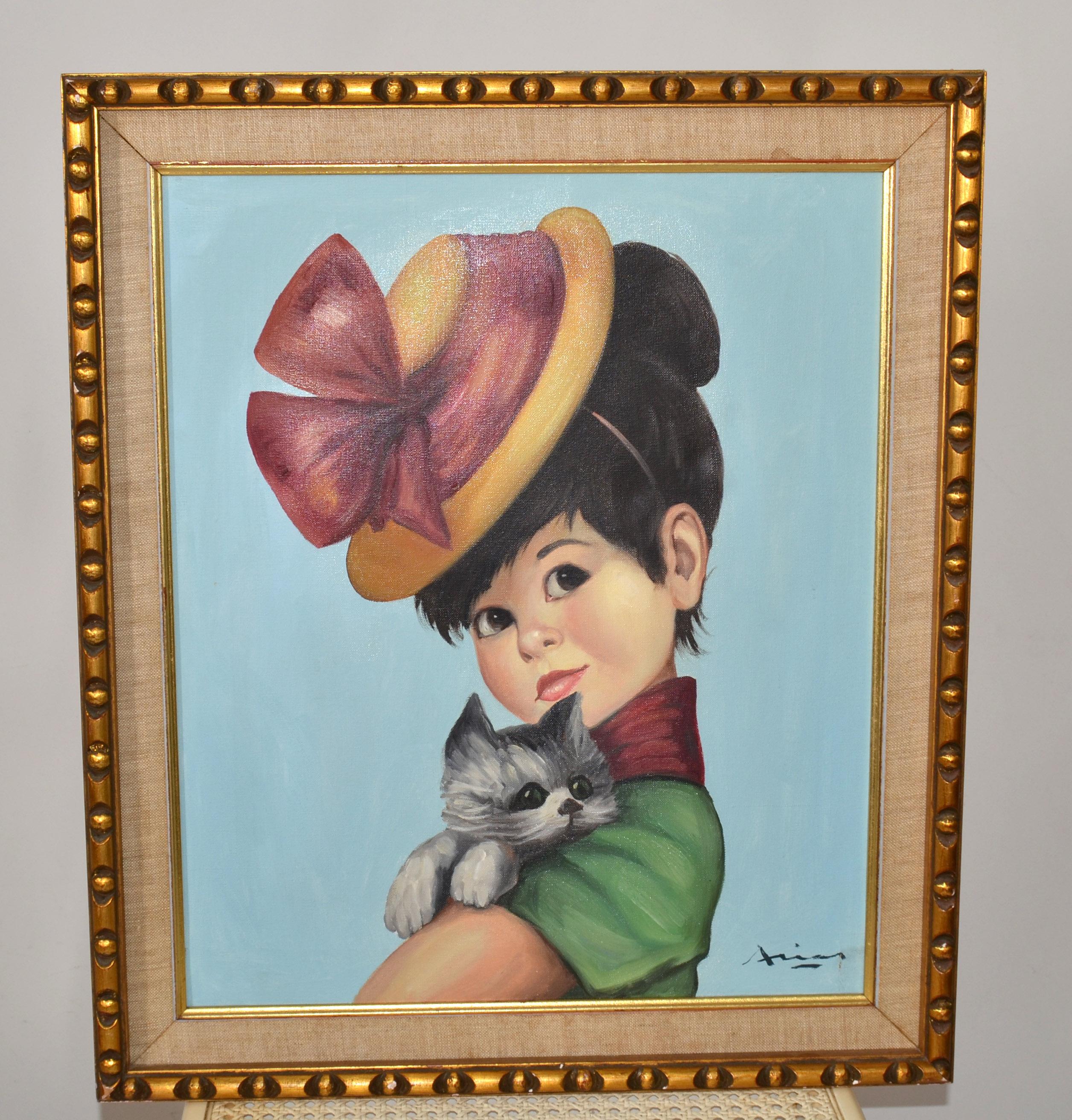 Regency Peinture acrylique sur toile de style Régence avec cadre sculpté et doré, représentant une jeune fille espagnole et un chat gris  en vente
