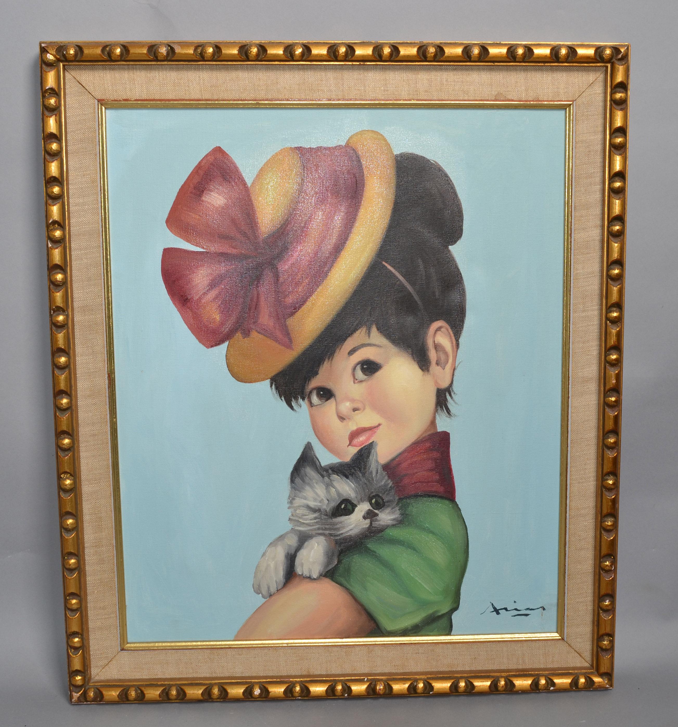 Geschnitztes vergoldetes gerahmtes spanisches Mädchen und graue Katze, Regency-Gemälde, Acryl auf Leinwand  (Spanisch) im Angebot