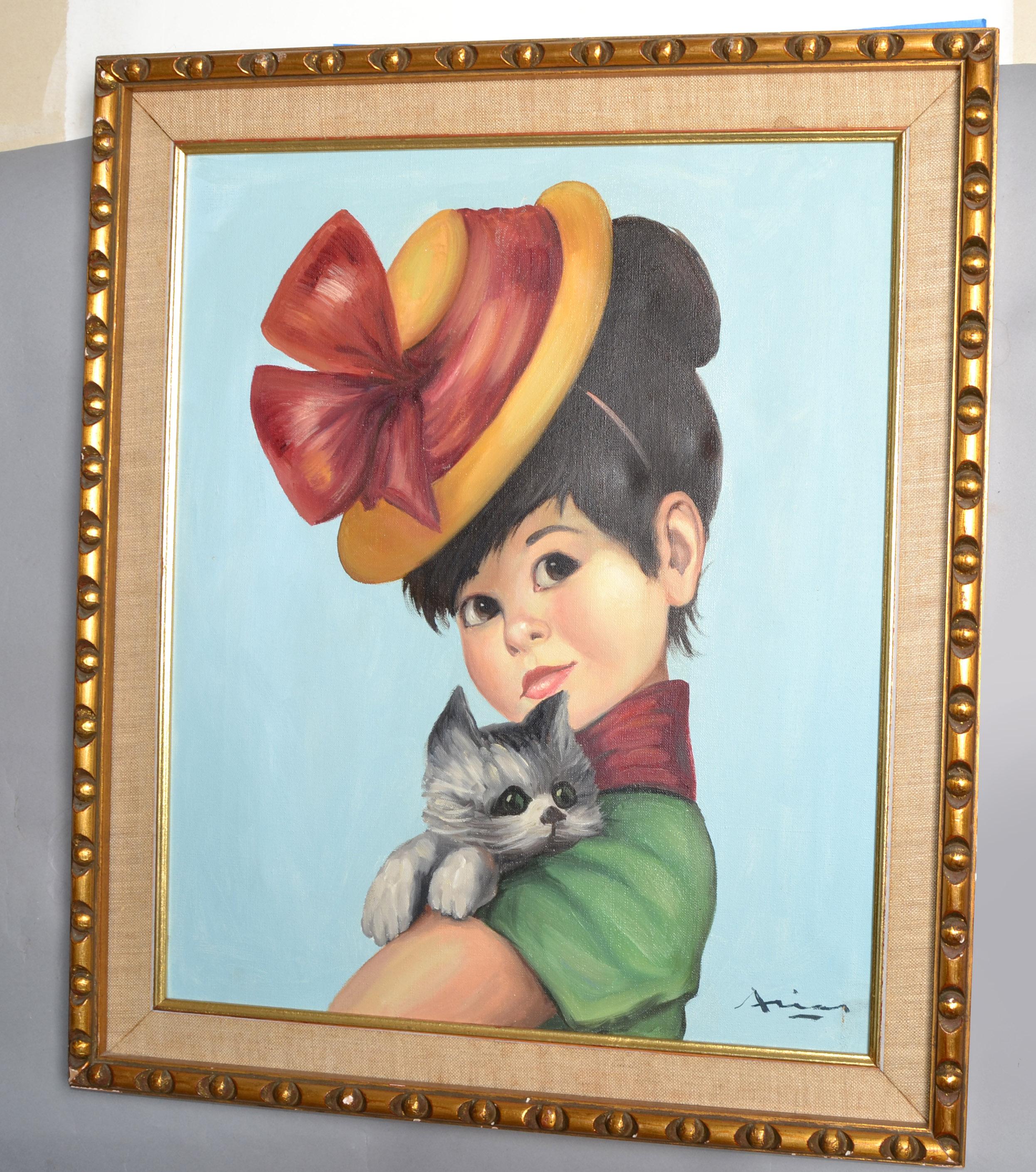 20ième siècle Peinture acrylique sur toile de style Régence avec cadre sculpté et doré, représentant une jeune fille espagnole et un chat gris  en vente