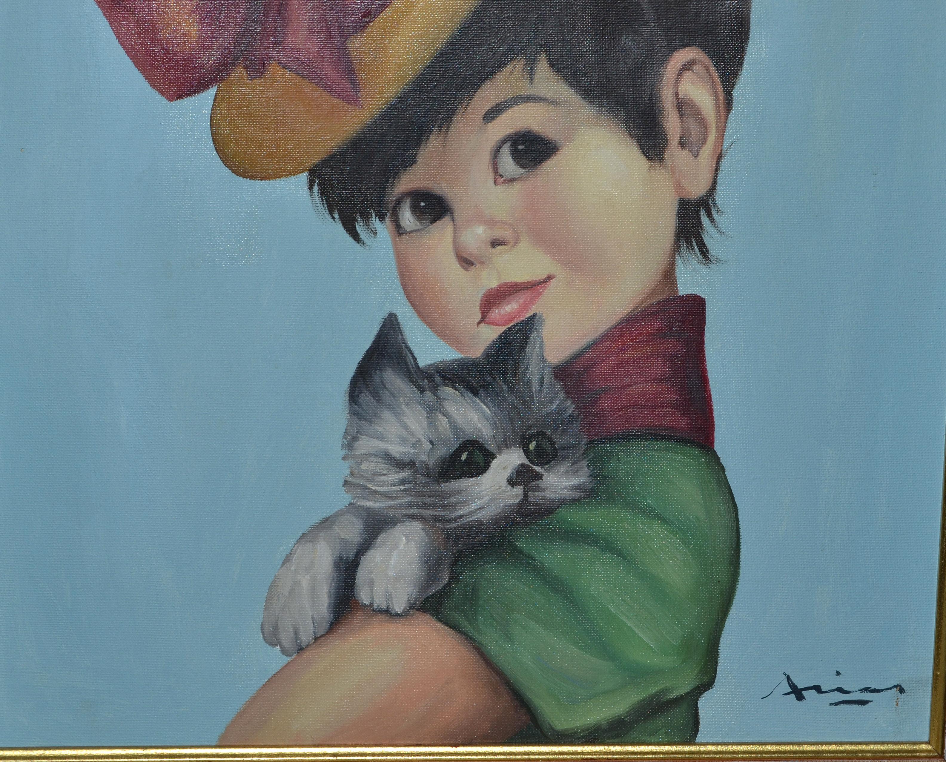 Peinture acrylique sur toile de style Régence avec cadre sculpté et doré, représentant une jeune fille espagnole et un chat gris  en vente 1
