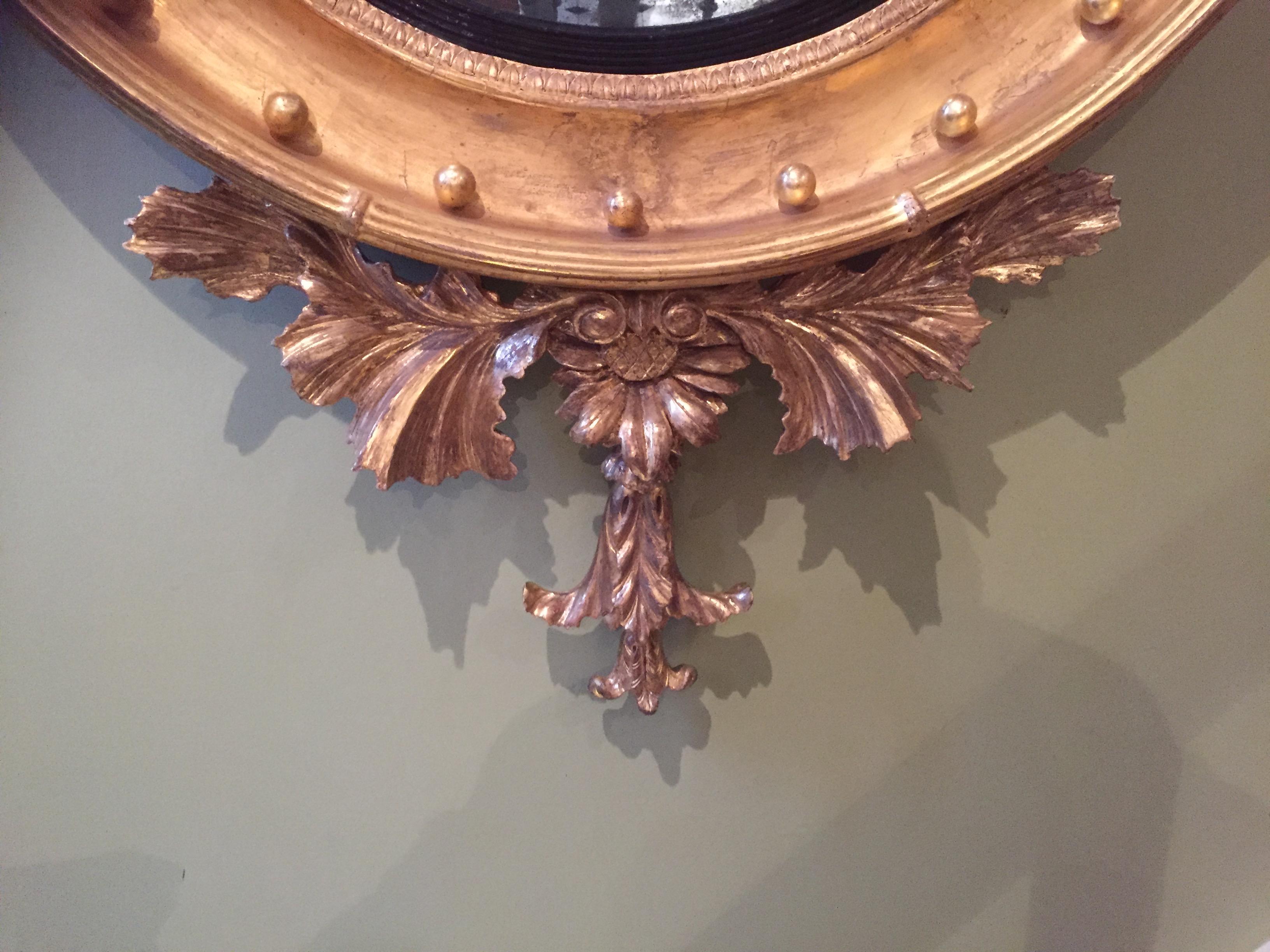 Regency Carved Giltwood and Gesso Convex Mirror of Grand Proportions For Sale 1