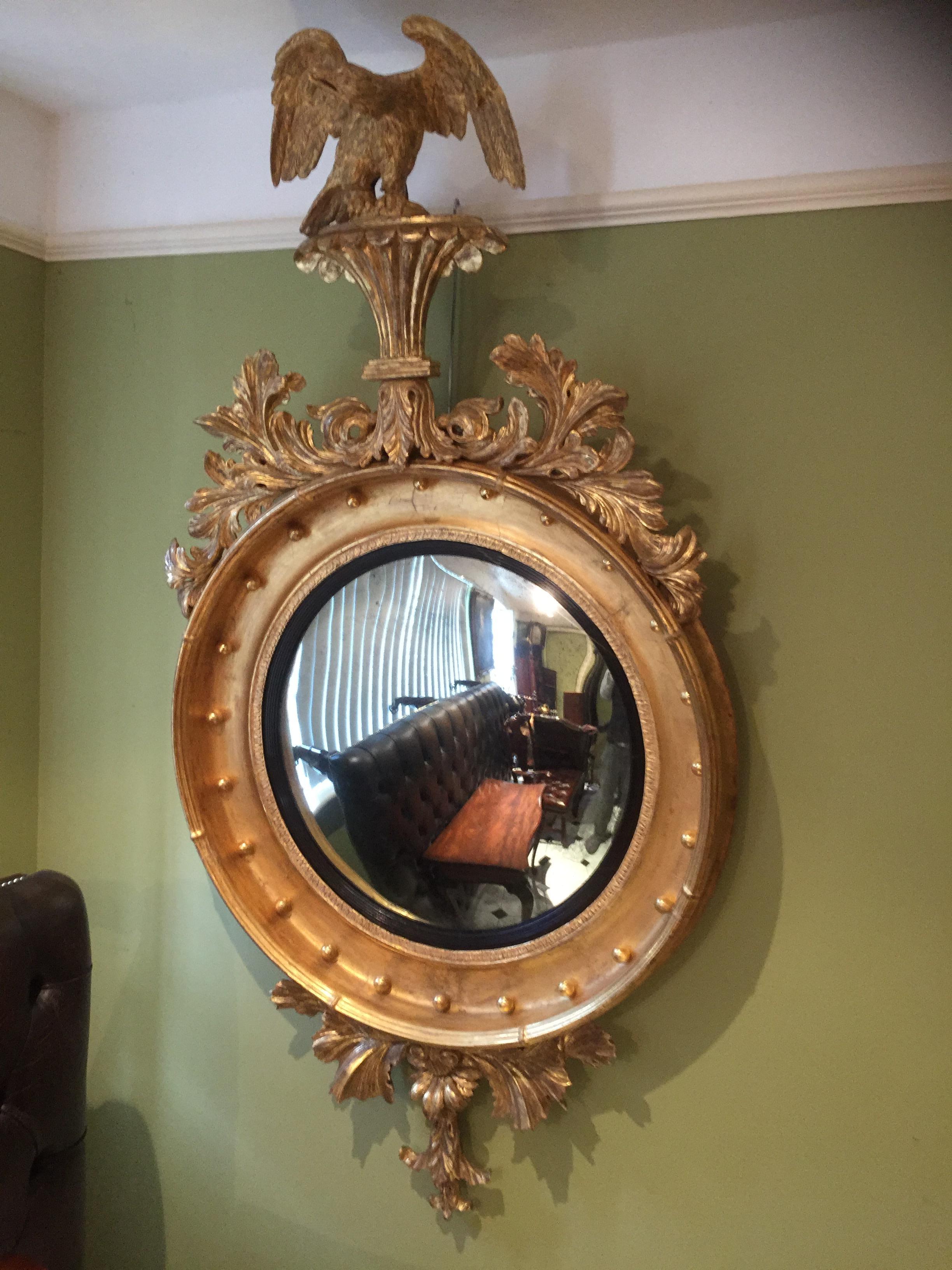 Regency Carved Giltwood and Gesso Convex Mirror of Grand Proportions For Sale 2