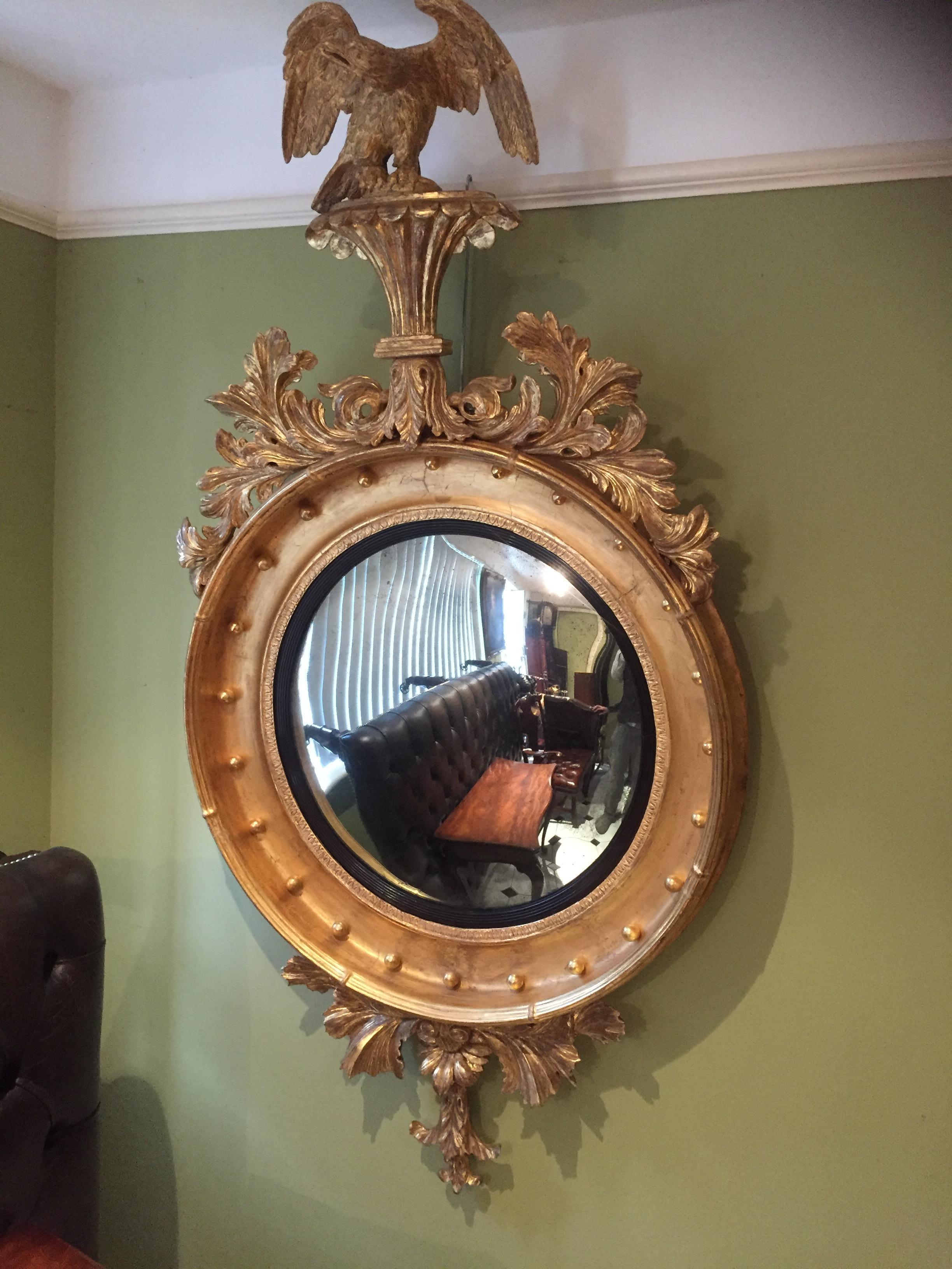 Regency Carved Giltwood and Gesso Convex Mirror of Grand Proportions For Sale 3