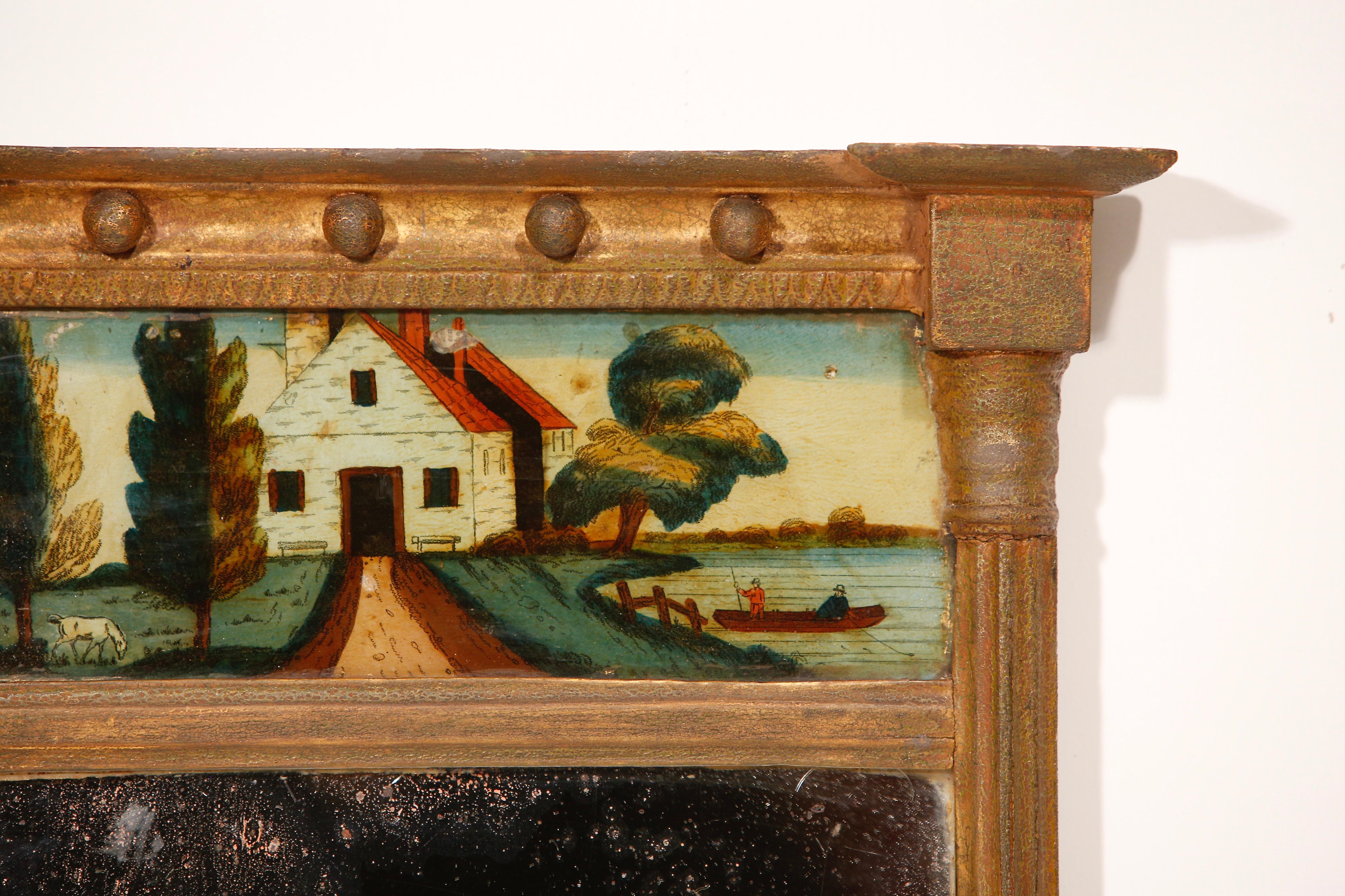 Regency Miroir de style Régence en bois sculpté et doré Panneau en églomisé Trumeau en vente