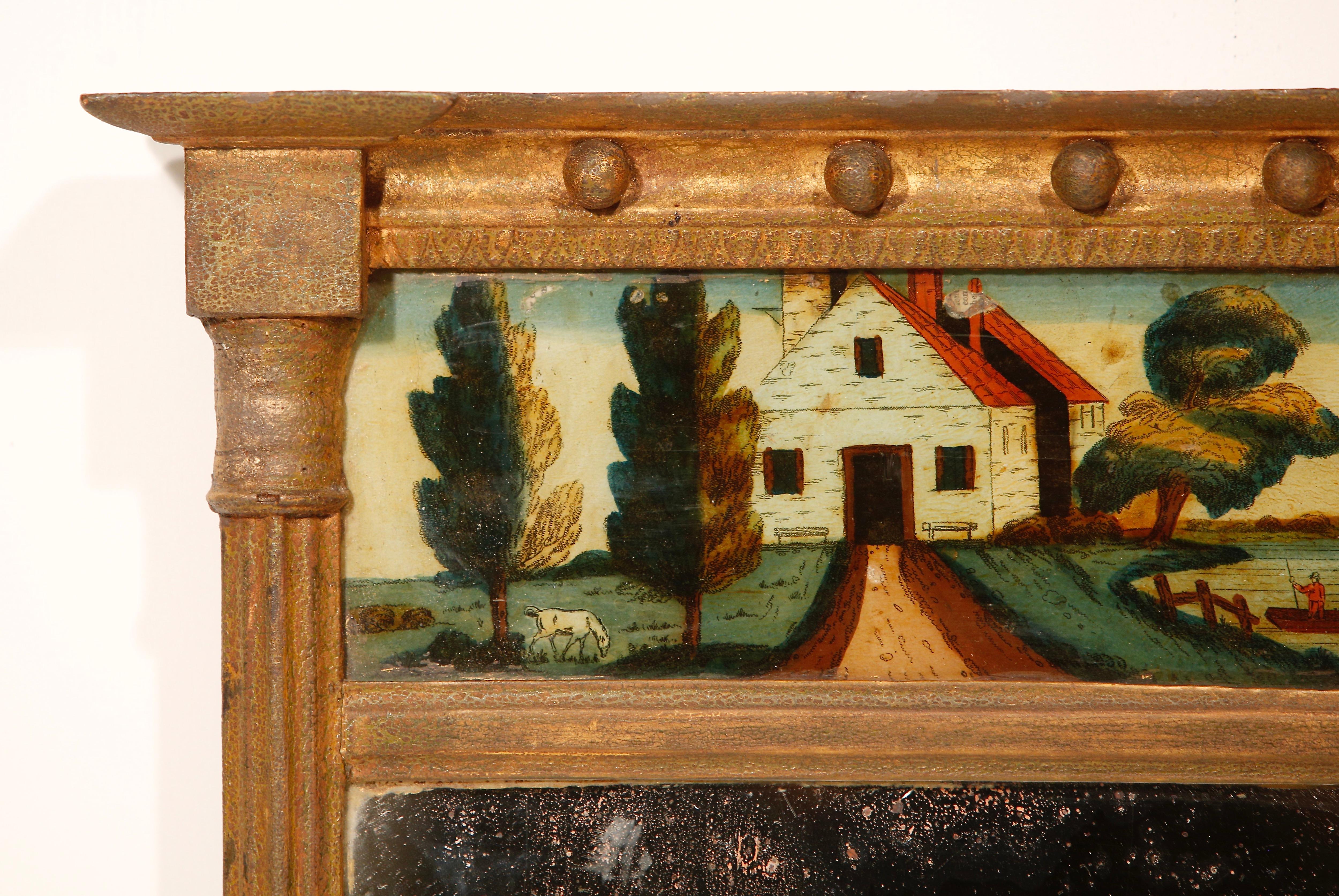 Français Miroir de style Régence en bois sculpté et doré Panneau en églomisé Trumeau en vente