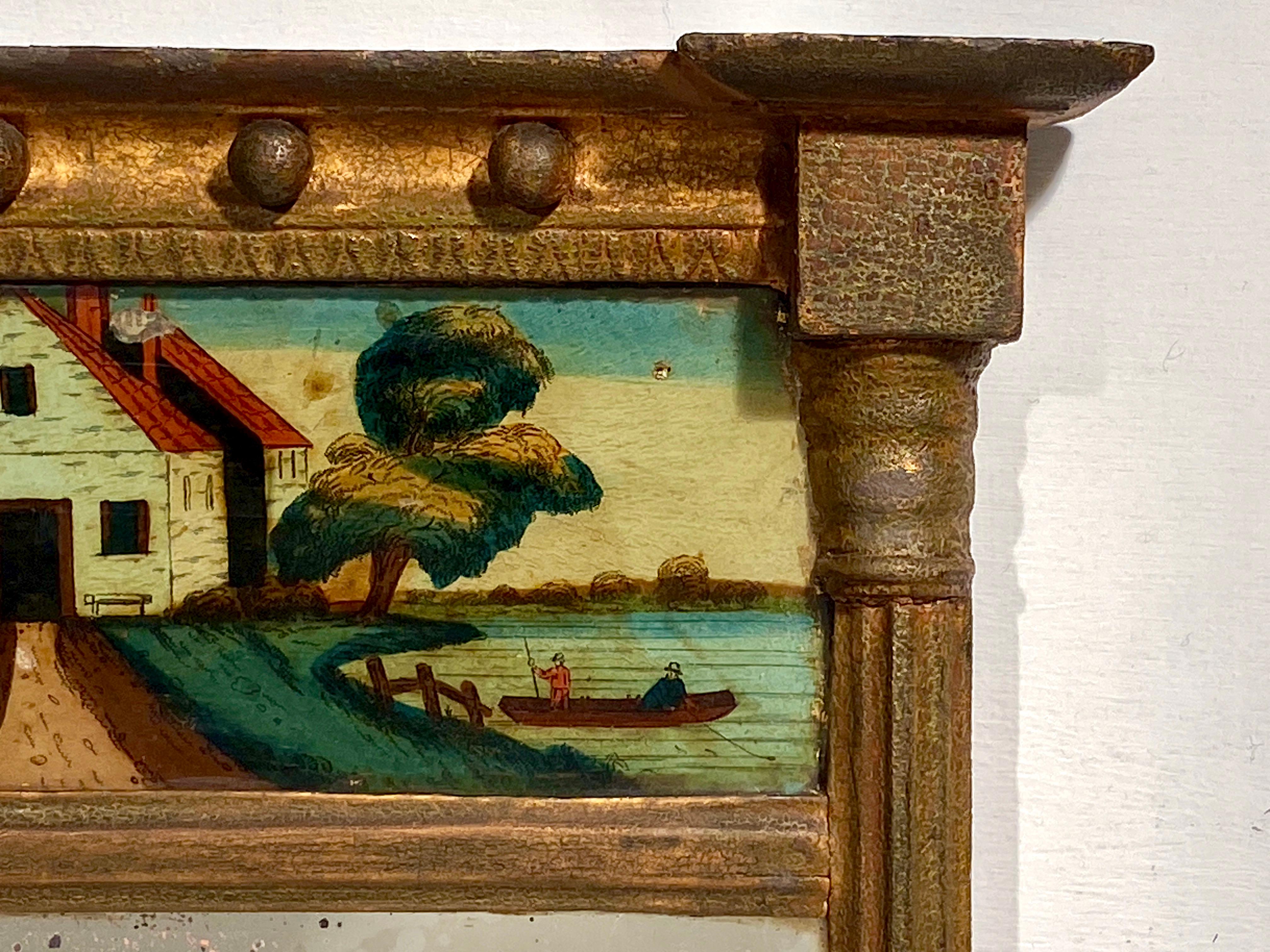 XIXe siècle Miroir de style Régence en bois sculpté et doré Panneau en églomisé Trumeau en vente