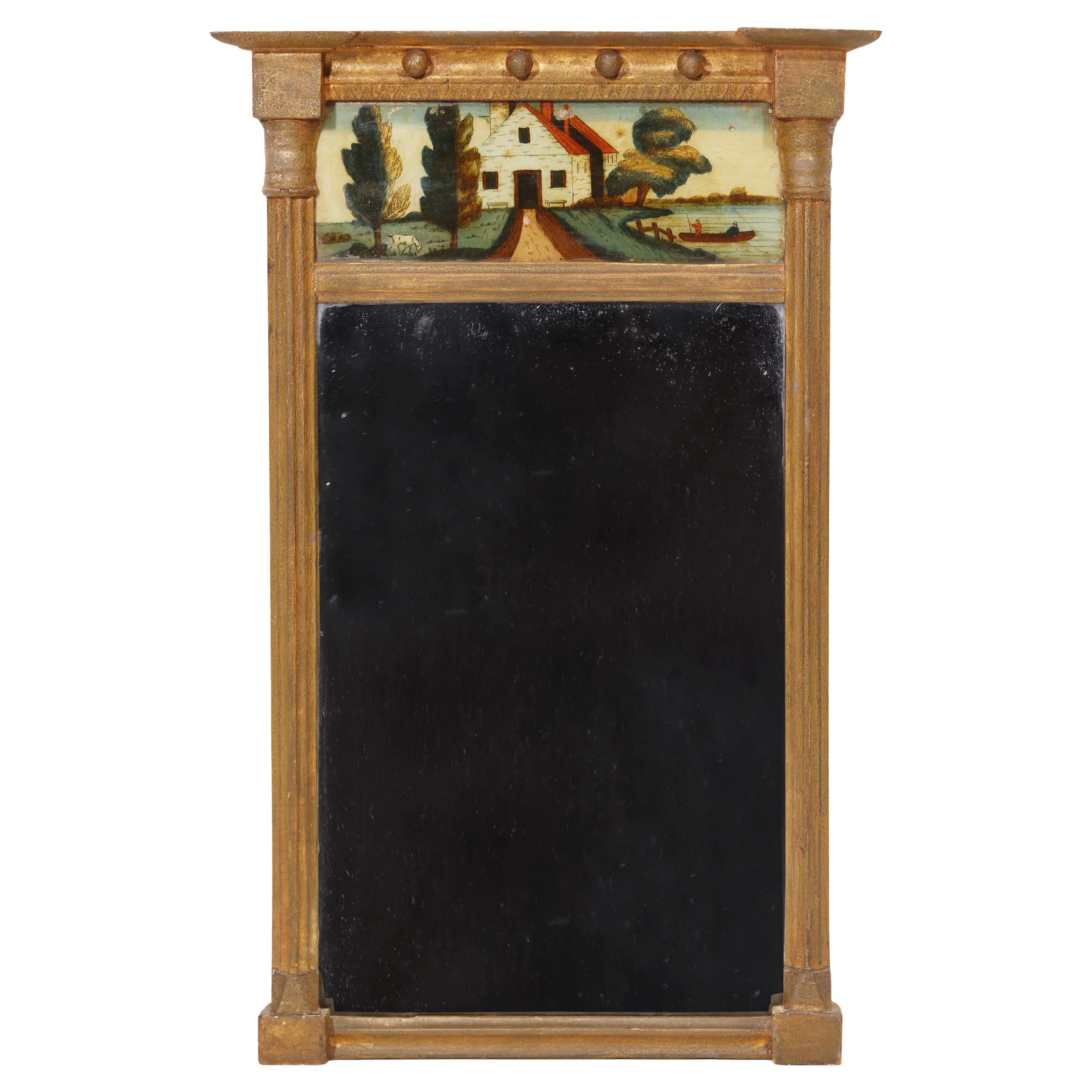 Regency Carved Giltwood Pier Mirror Eglomisé Panel Trumeau