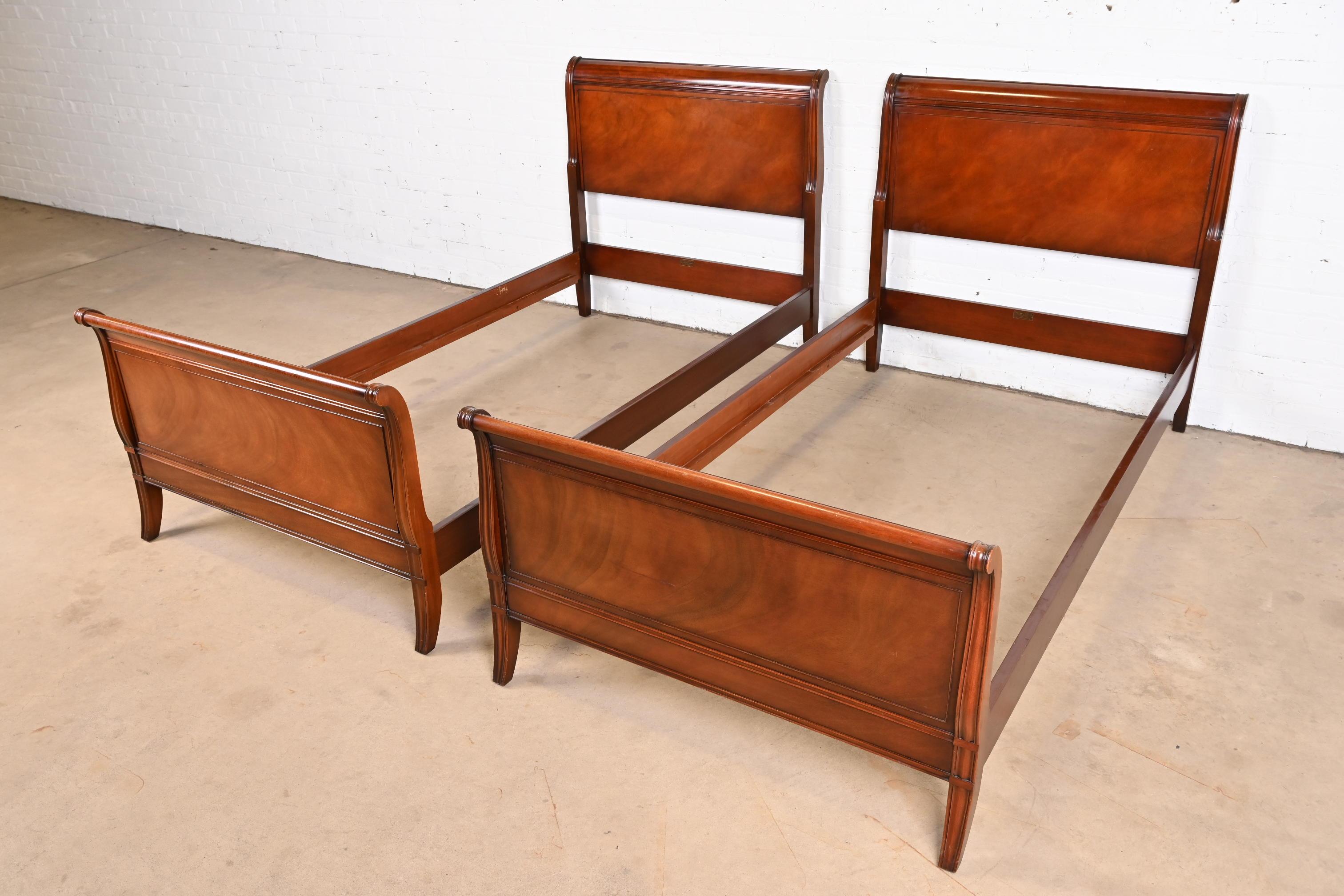 American Regency Carved Mahogany Twin Size Sleigh Beds by Fallon & Hellen, circa 1930s