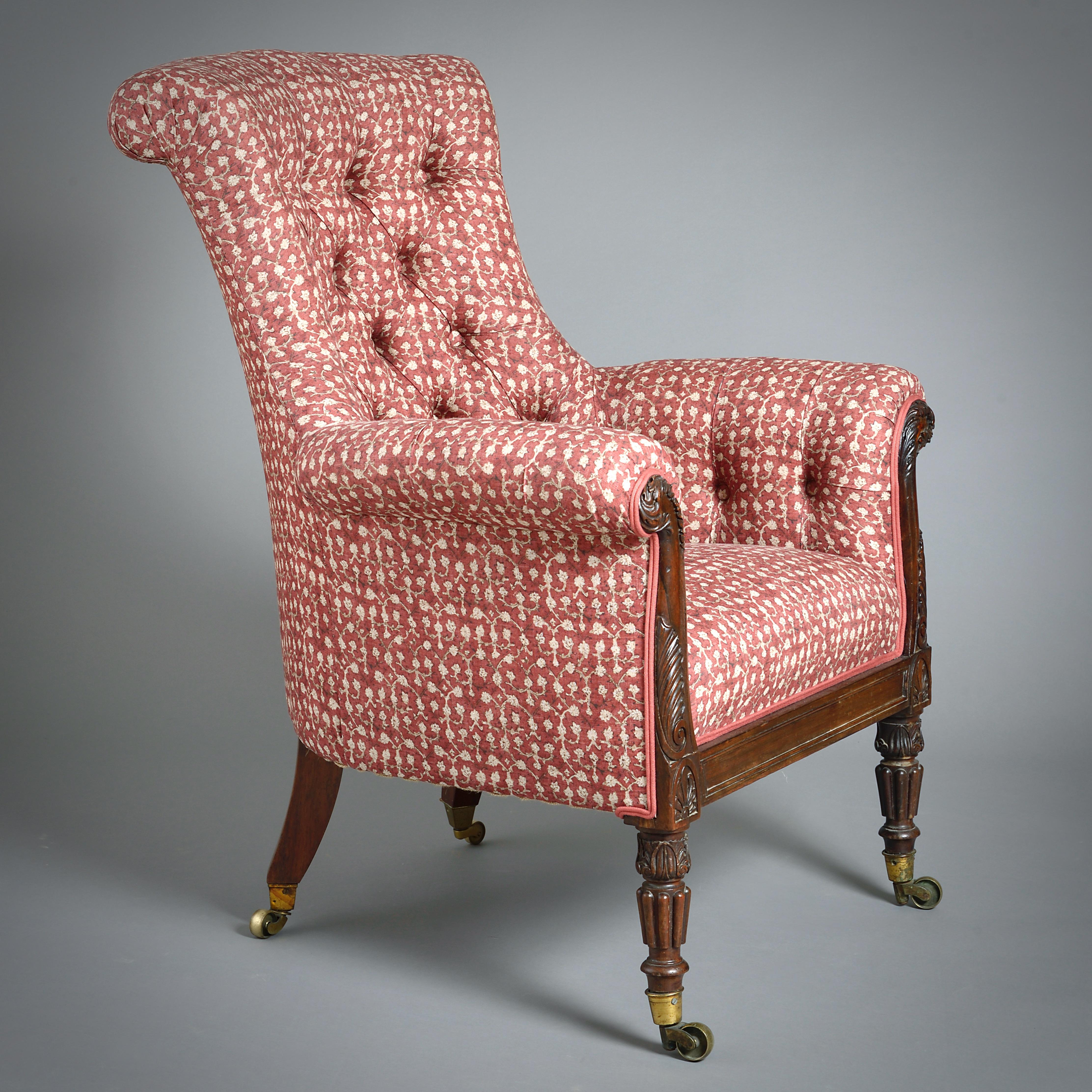 XIXe siècle Fauteuil de bibliothèque en bois de rose sculpté de style Régence attribué à Gillows en vente