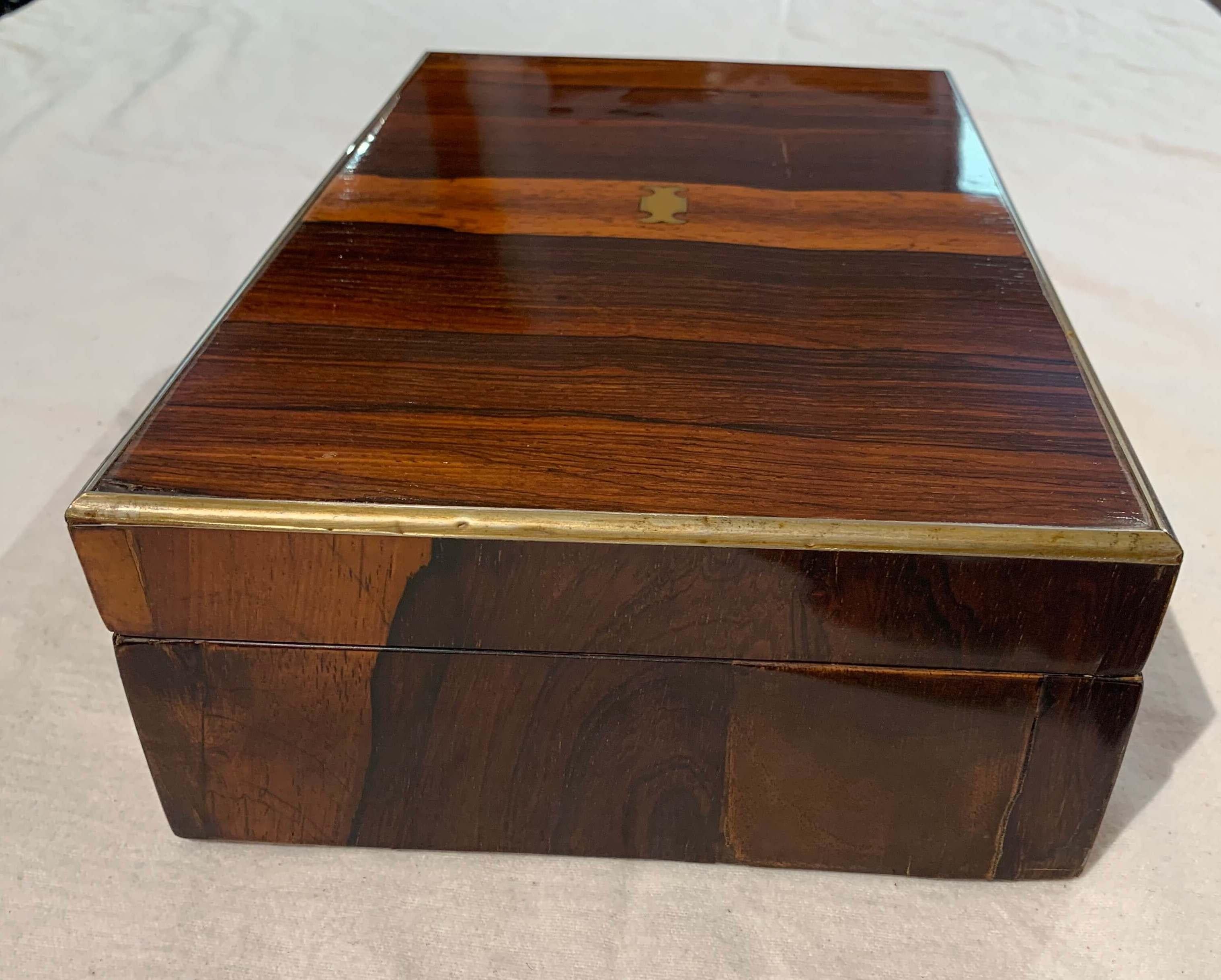 Mid-19th Century Neoclassical Biedermeier Box, Rosewood Veneer, Brass Inlays, England, circa 1830 For Sale